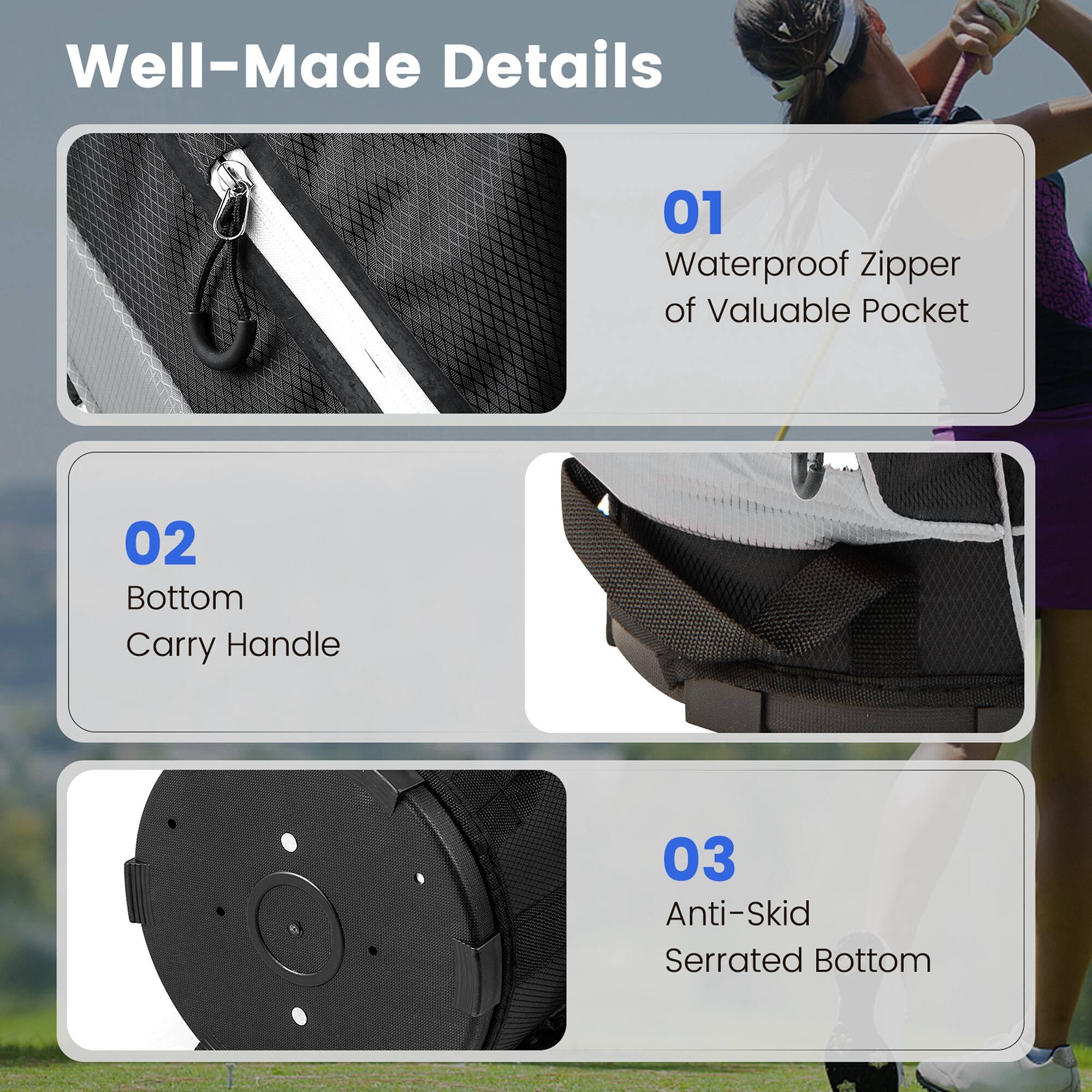 Well-Made Details

01 Waterproof Zipper of Valuable Pocket

02 Bottom Carry Handle

03 Anti-Skid Serrated Bottom