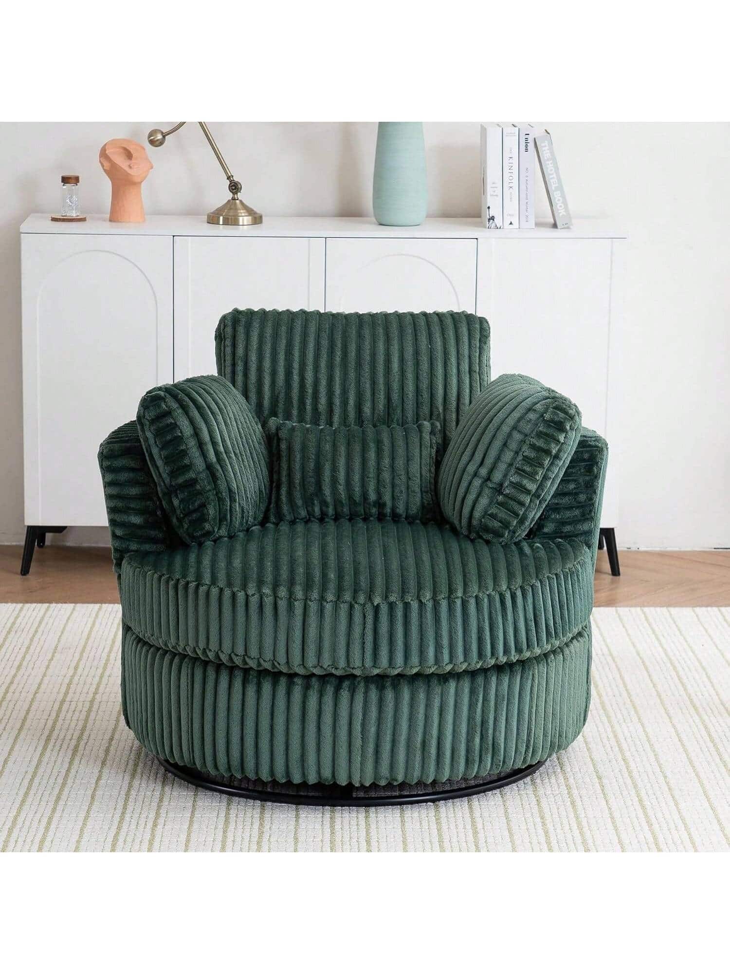 Trinkets Crazed - 40" Wide Oversized Swivel Accent Chair 360° Round Barrel Armchair With 4 Pillows - Green
