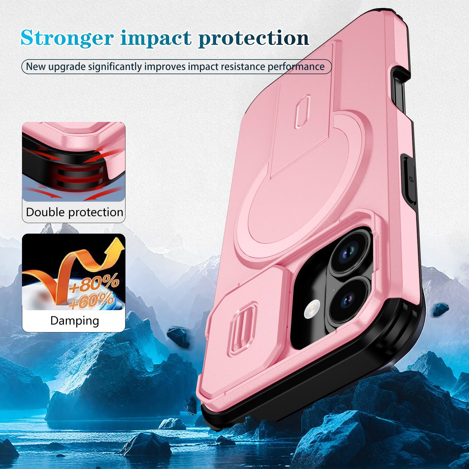Stronger impact protection  
New upgrade significantly improves impact resistance performance  
Double protection  
+80% +60% Damping