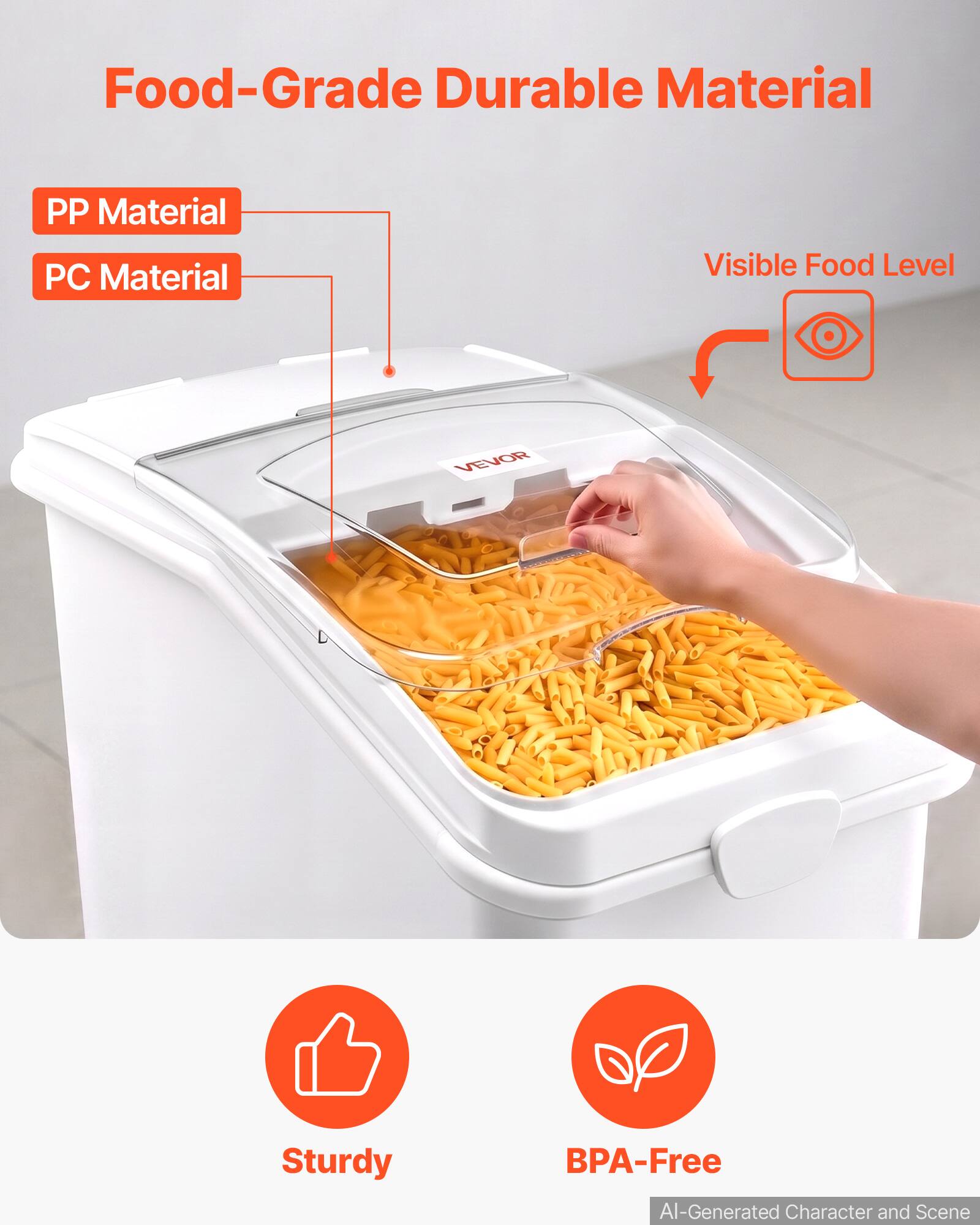 Food-Grade Durable Material  
PP Material  
PC Material  
Visible Food Level  
VEVOR  
Sturdy  
BPA-Free  
AI-Generated Character and Scene