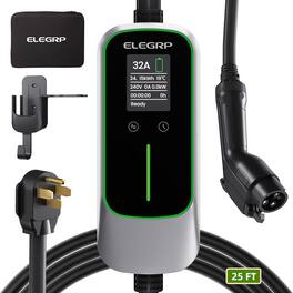 ELEGRP - Electric Vehicle Charger 32A Level 2 Portable, EV Charger 240V for BEVs/PHEVs,25ft Cable W/ NEMA 14-50 Plug - Black