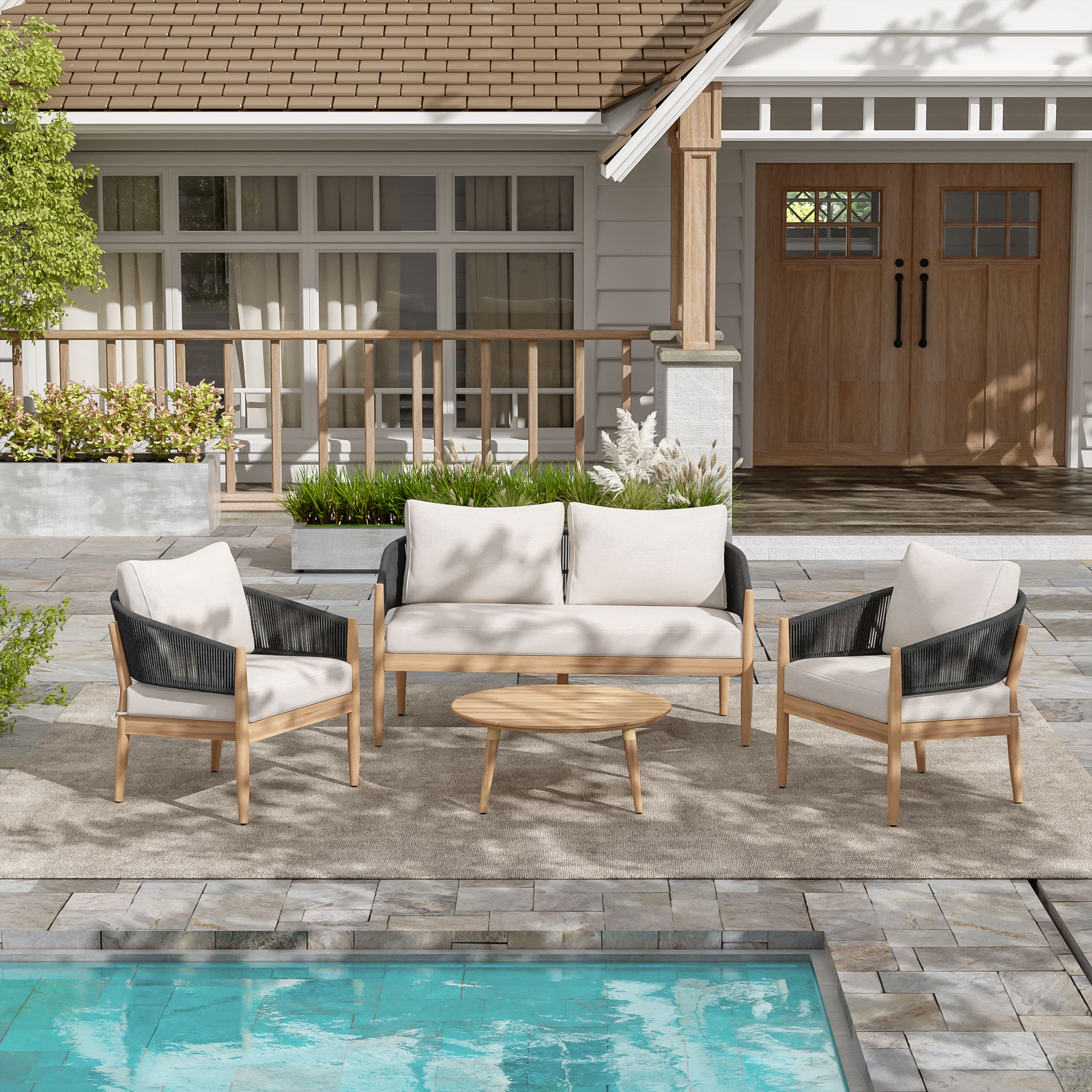 Mondawe - 4 Piece Outdoor Patio Acacia Wood Chat Set with Cushion - Beige+Black