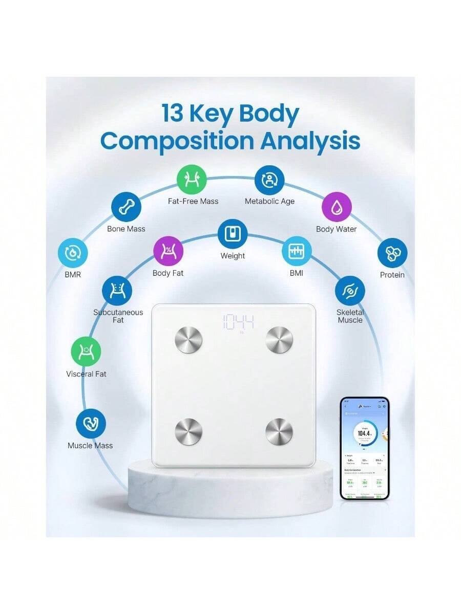 13 Key Body Composition Analysis  
- Fat-Free Mass  
- Metabolic Age  
- Bone Mass  
- Body Water  
- Weight  
- BMR  
- Body Fat  
- BMI  
- Protein  
- Subcutaneous Fat  
- Visceral Fat  
- Skeletal Muscle  
- Muscle Mass  

104.4