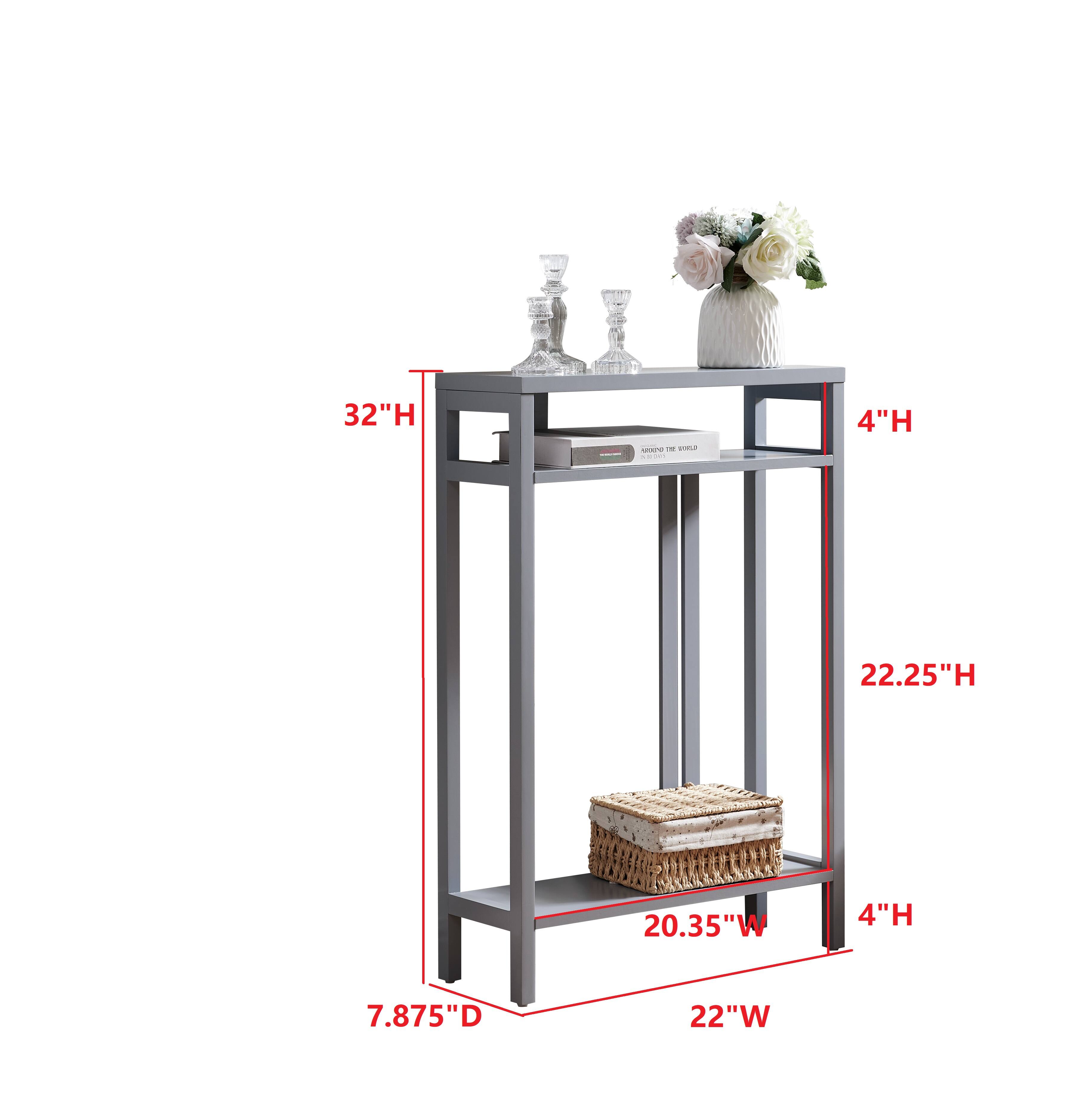 - Height: 32"H
- Width: 22"W
- Depth: 7.875"D
- Top Shelf Height: 4"H
- Middle Shelf Height: 22.25"H
- Bottom Shelf Height: 4"H
- Bottom Shelf Width: 20.35"W