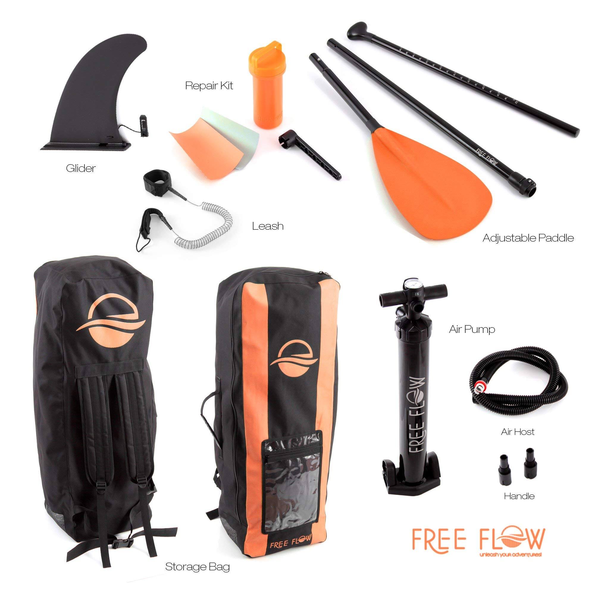 Repair Kit  
Glider  
Leash  
Adjustable Paddle  
Storage Bag  
Air Pump  
Air Host  
Handle  

FREE FLOW  
unleash your adventure