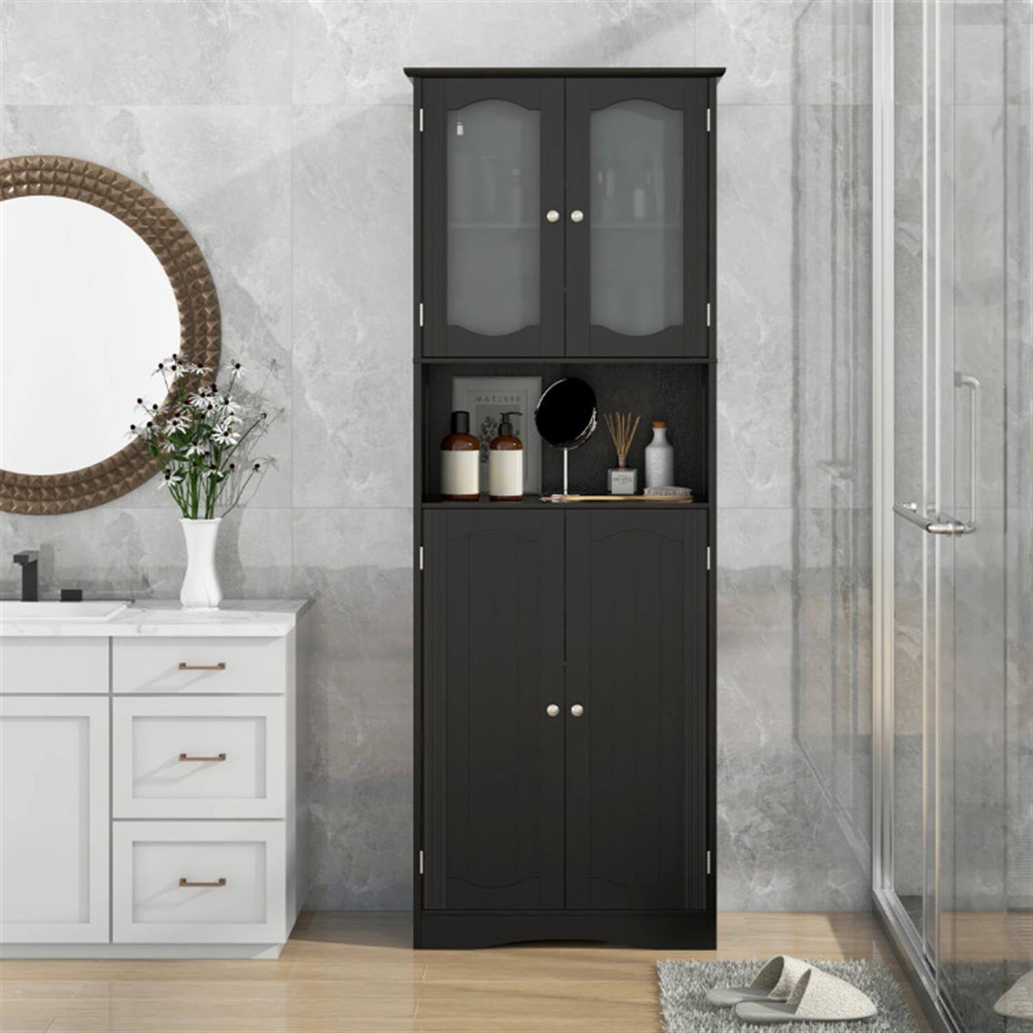 Angle. Pefilos - 64.5" Tall Freestanding Bathroom Storage Cabinet with Frost Glass Doors and Shelves, Pantry Cabinets, Black - Black.