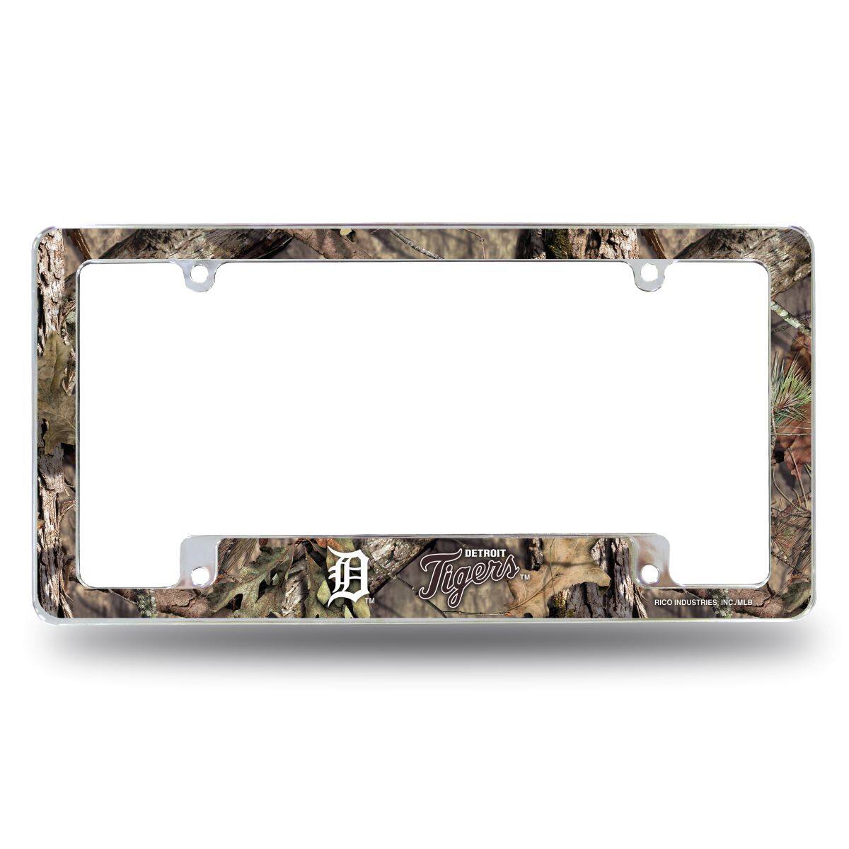 Detroit Tigers Baseball Chrome Metal License Plate Frame with Bold Mossy Oak Camouflaged Camo Design