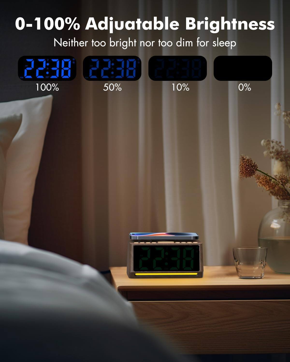 0-100% Adjustable Brightness  
Neither too bright nor too dim for sleep  

22:38 100%  
22:38 50%  
22:38 10%  
22:38 0%