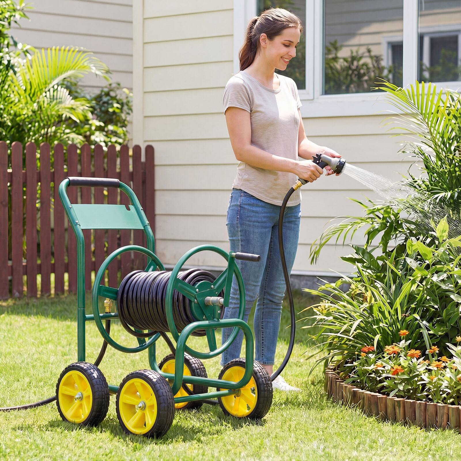 Alt View 4. Costway - Costway Garden Hose Reel Cart 4 Wheels, 330 ft 5/8" Large Capacity for Outside Yard Lawn - Green.
