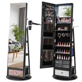 Gymax - 360° Swivel Jewelry Cabinet w/ Mirror Jewelry Storage Organizer Built-in Lights - Black