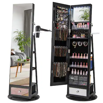 Front. Gymax - Gymax 360° Swivel Jewelry Cabinet w/ Mirror Jewelry Storage Organizer Built-in Lights Black - Black.