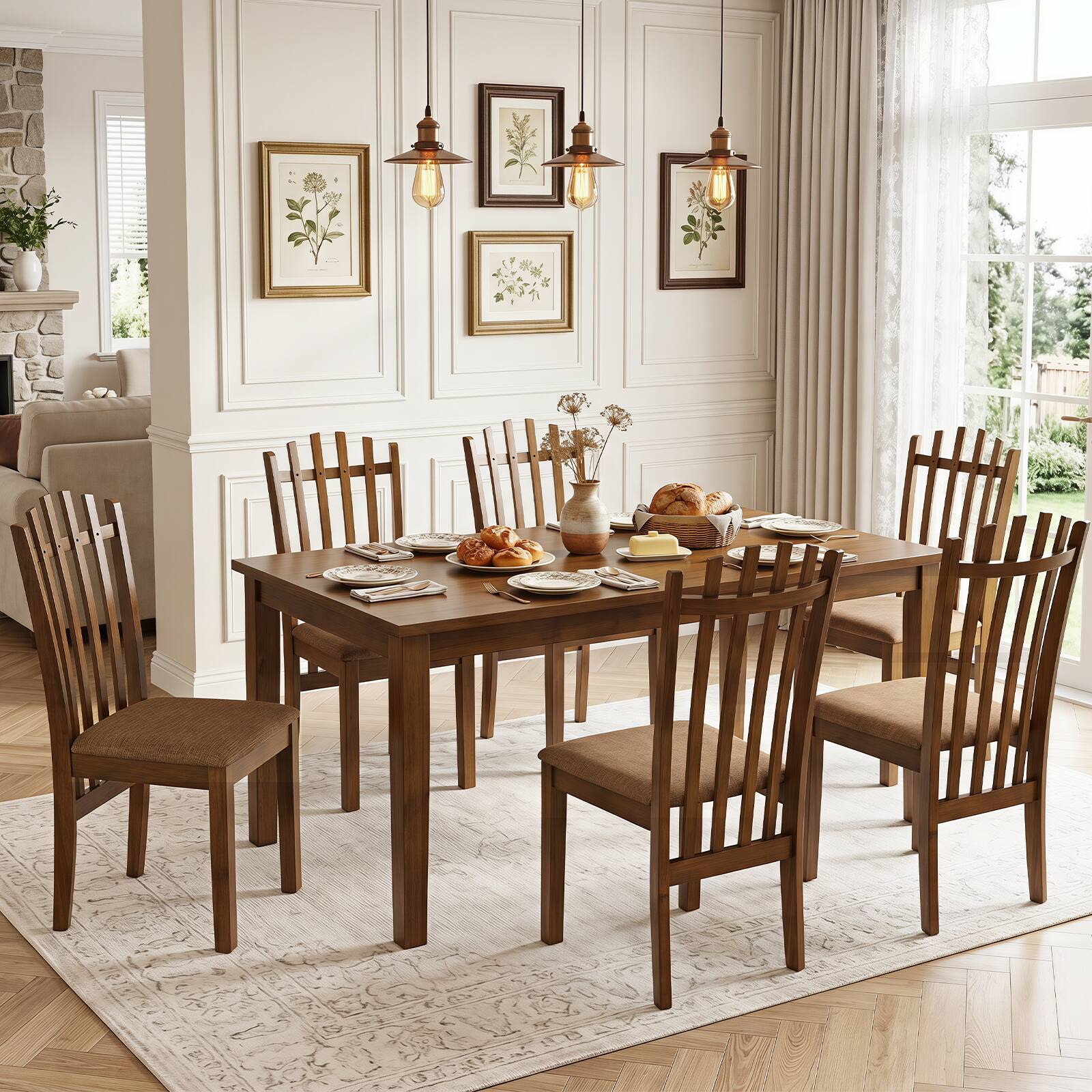 Alt View 4. Costway - Costway 2 PCS Rubber Wood Slat Back Kitchen Dining Chairs Linen Fabric Upholstered Seat - Walnut+Brown.