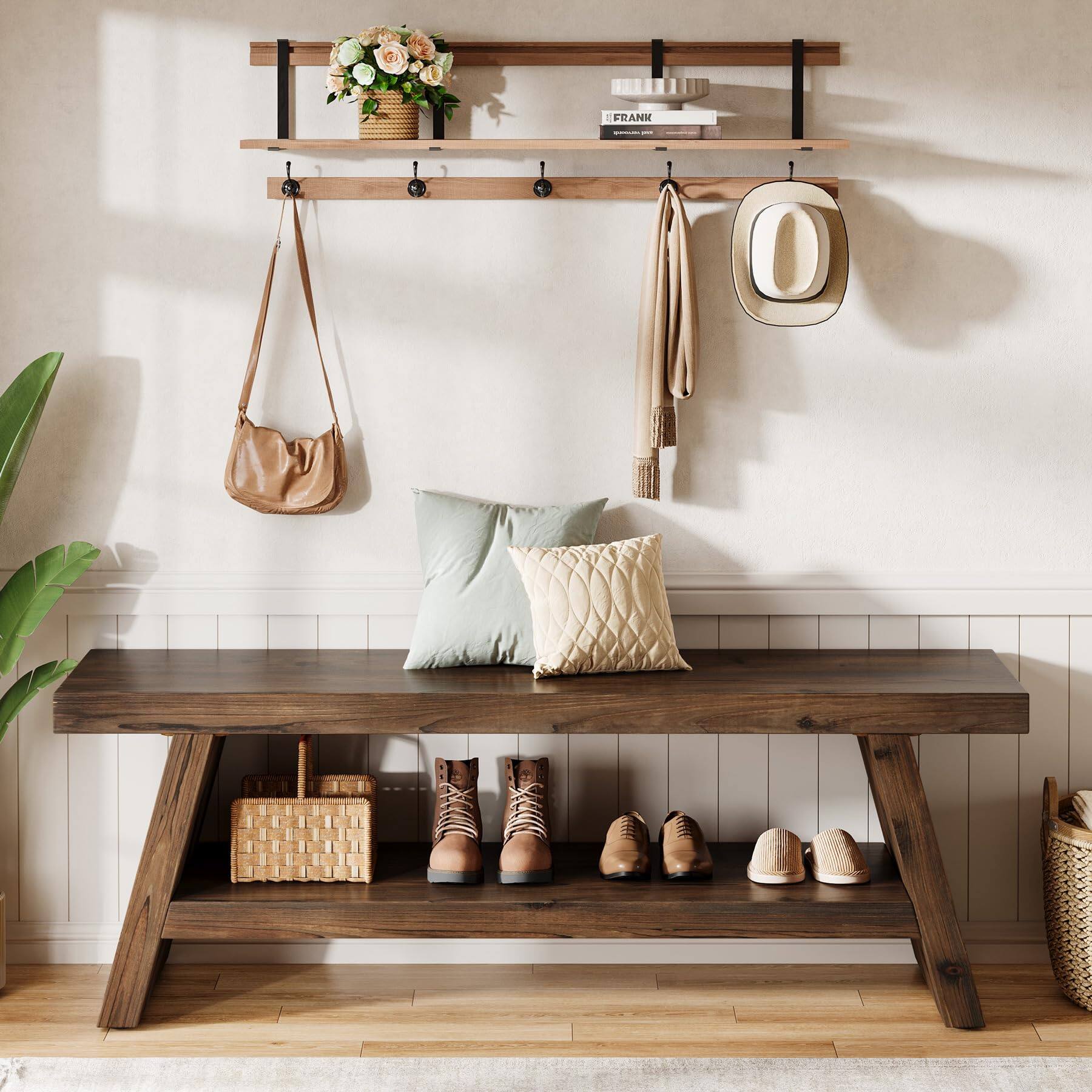 Tribesigns Solid Wood Entryway Bench, 2 Tier Wood Storage Bench ...