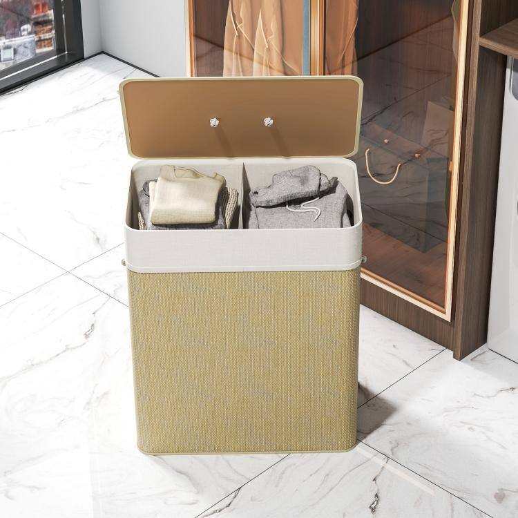 Alt View 8. PULUZ - Double Laundry Basket with Lid, 26.4 Gallon Bamboo Laundry Hamper with Rope Handles and Removable Liner - Natural.