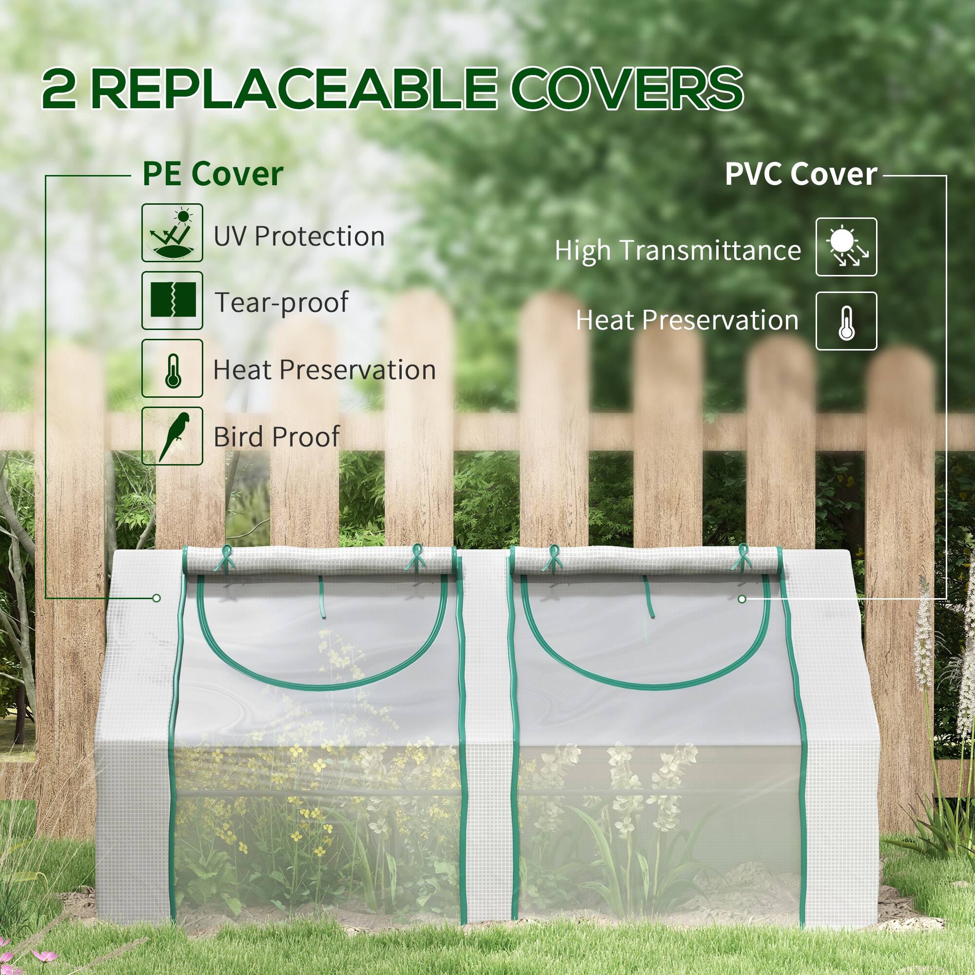 PE Cover: UV Protection, Tear-proof, Heat Preservation, Bird Proof

PVC Cover: High Transmittance, Heat Preservation