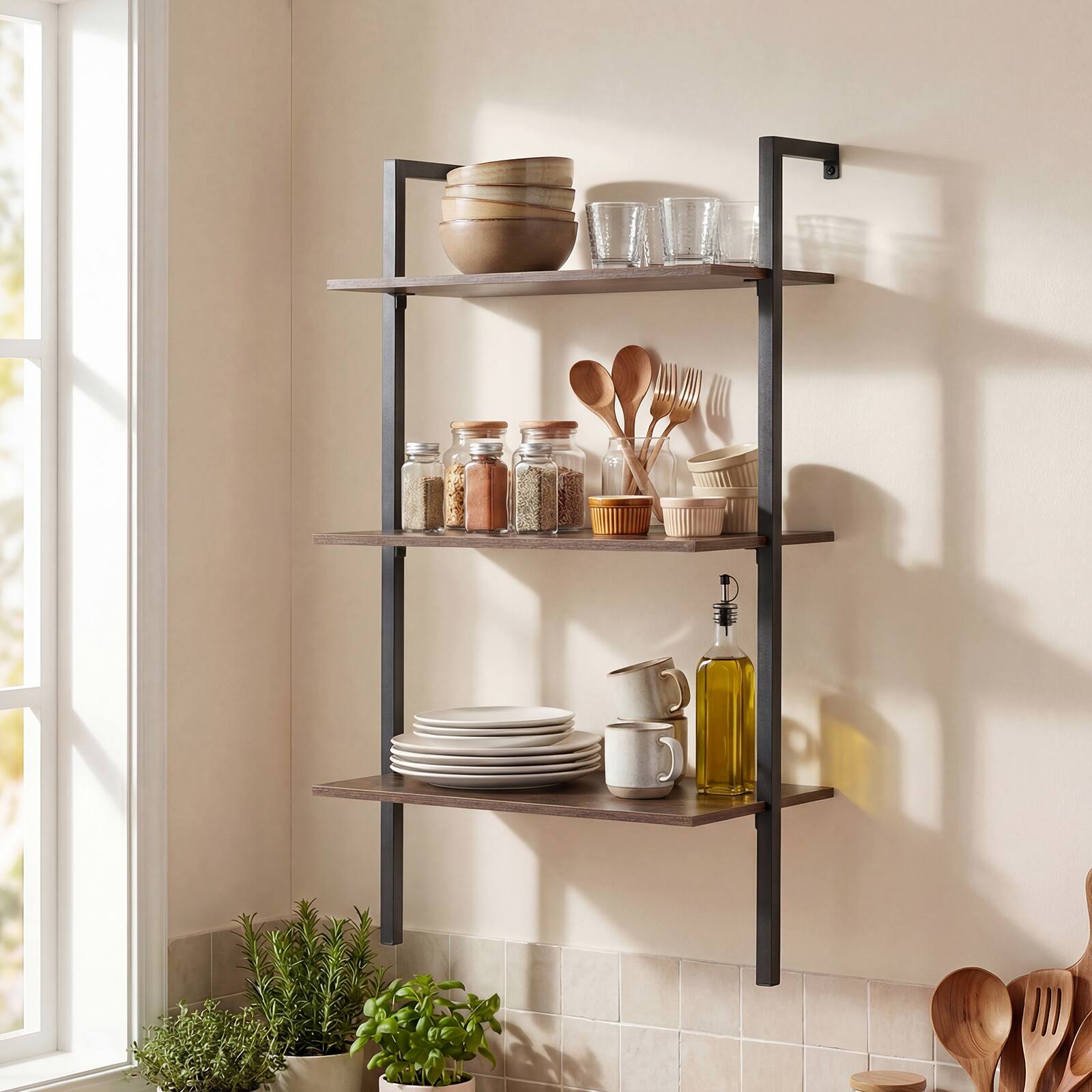 Alt View 1. Costway - Costway 1 PCS Industrial Wall Mounted Shelves, Wooden Floating Shelving Unit - Rustic Brown and Black.