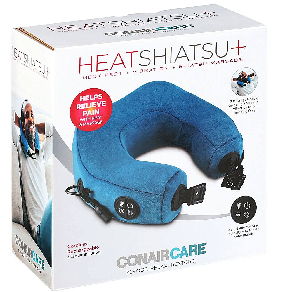 MASSAGE HEATSHIATSU+ HEATSHIATSU+ NECK REST + VIBRATION + SHIATSU MASSAGE HELPS 3 Massage Vibration Modes; + RELIEVE PAIN Kneading Vibration Only WITH HEAT & MASSAGE

Adjustable Massage Intensity + 10 Minute Auto-shutoff Cordless Rechargeable adapter included

CONAIRCARE RELAX. RESTORE.