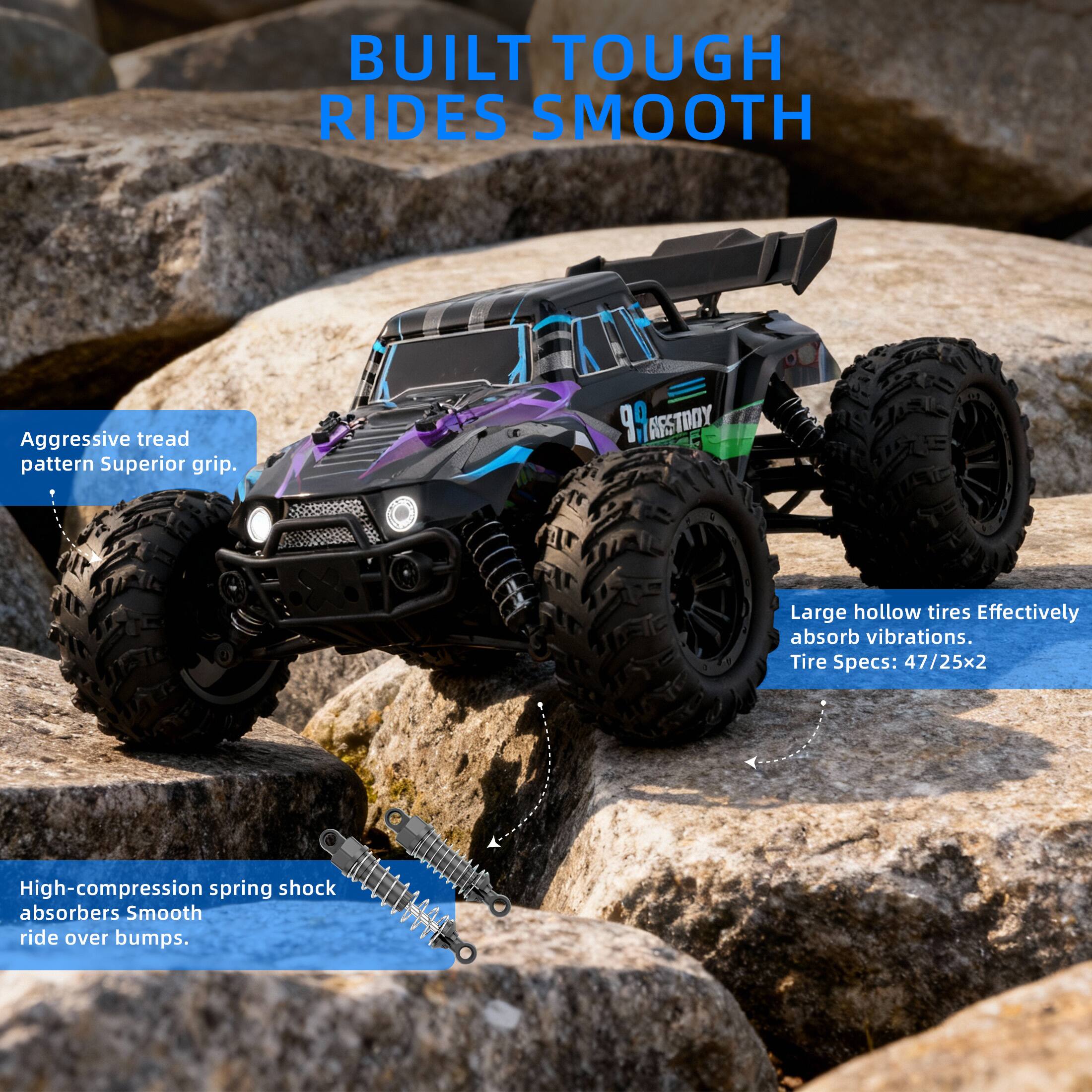 BUILT TOUGH RIDES SMOOTH

- Aggressive tread pattern Superior grip.
- Large hollow tires Effectively absorb vibrations. Tire Specs: 47/25x2
- High-compression spring shock absorbers Smooth ride over bumps.