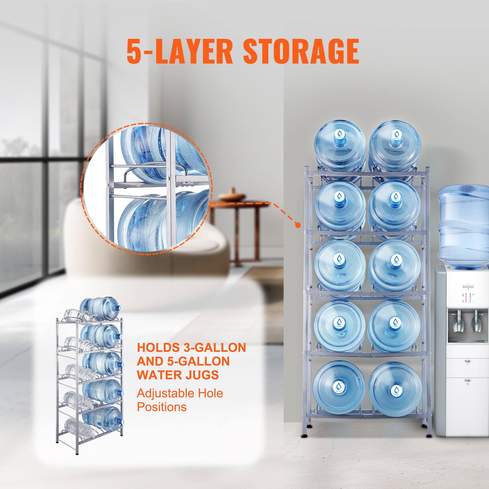 5-LAYER STORAGE

HOLDS 3-GALLON AND 5-GALLON WATER JUGS

Adjustable Hole Positions