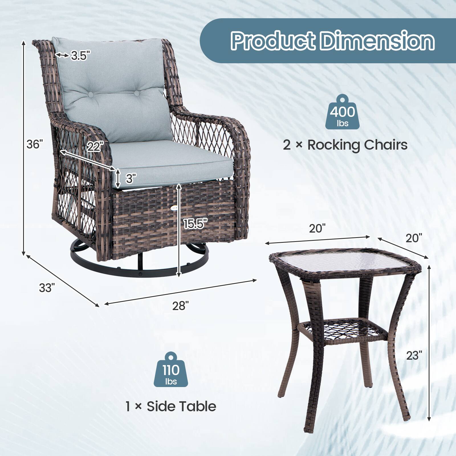 Product Dimension: 3.5"

* 400 lbs
* 36"
* 22"
* 2 x Rocking Chairs
* 3"
* 15.5"
* 20"
* 20"
* 33"
* 28"
* 110 lbs
* 23"
* 1x
* 1 x Side Table