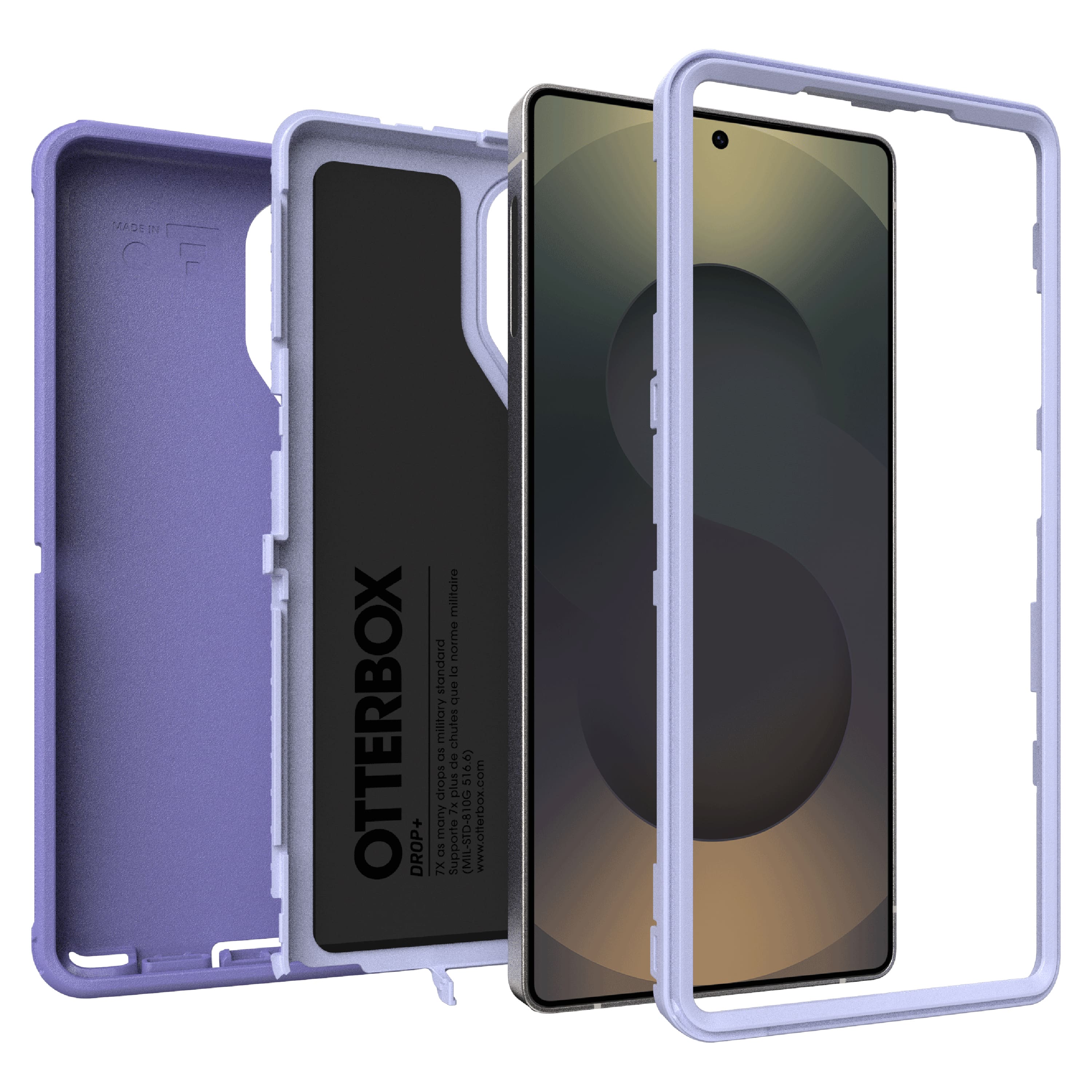 The image features a purple Otterbox case for a cell phone. The case is designed to meet military drop test standards, ensuring that the phone is protected from drops up to 10 feet. The case is made of durable materials and is compatible with a variety of smartphone models. The case is open, revealing the phone inside, which is securely held in place by the Otterbox case.