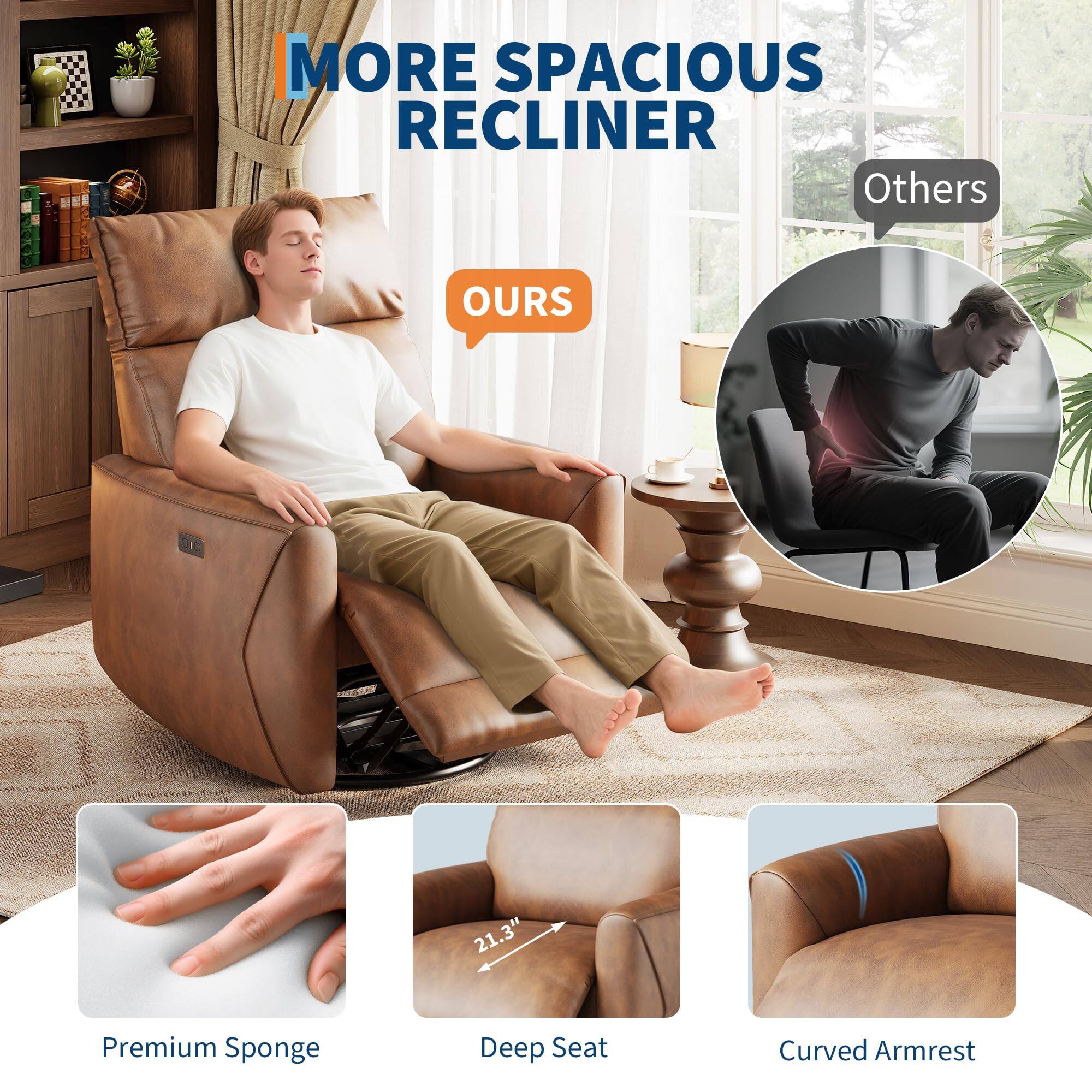 MORE SPACIOUS RECLINER

OURS

Premium Sponge
Deep Seat 21.3"
Curved Armrest

Others