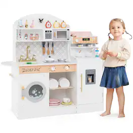 Costway - Honeyjoy Kids Kitchen Set Wooden Kitchen Playset with Clock, Microwave, Sink, Dish Rack - White
