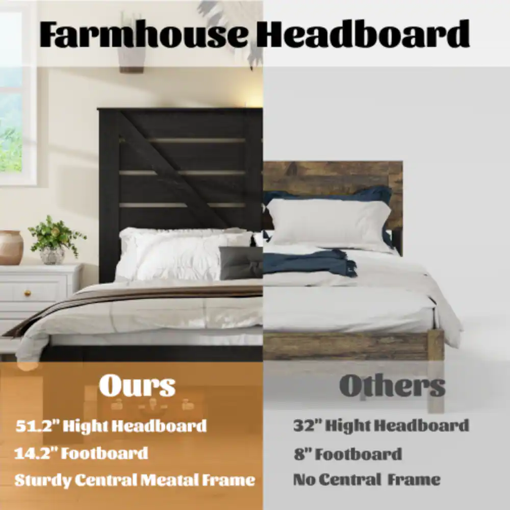 Farmhouse Headboard

Ours
- 51.2" Height Headboard
- 14.2" Footboard
- Sturdy Central Metal Frame

Others
- 32" Height Headboard
- 8" Footboard
- No Central Frame