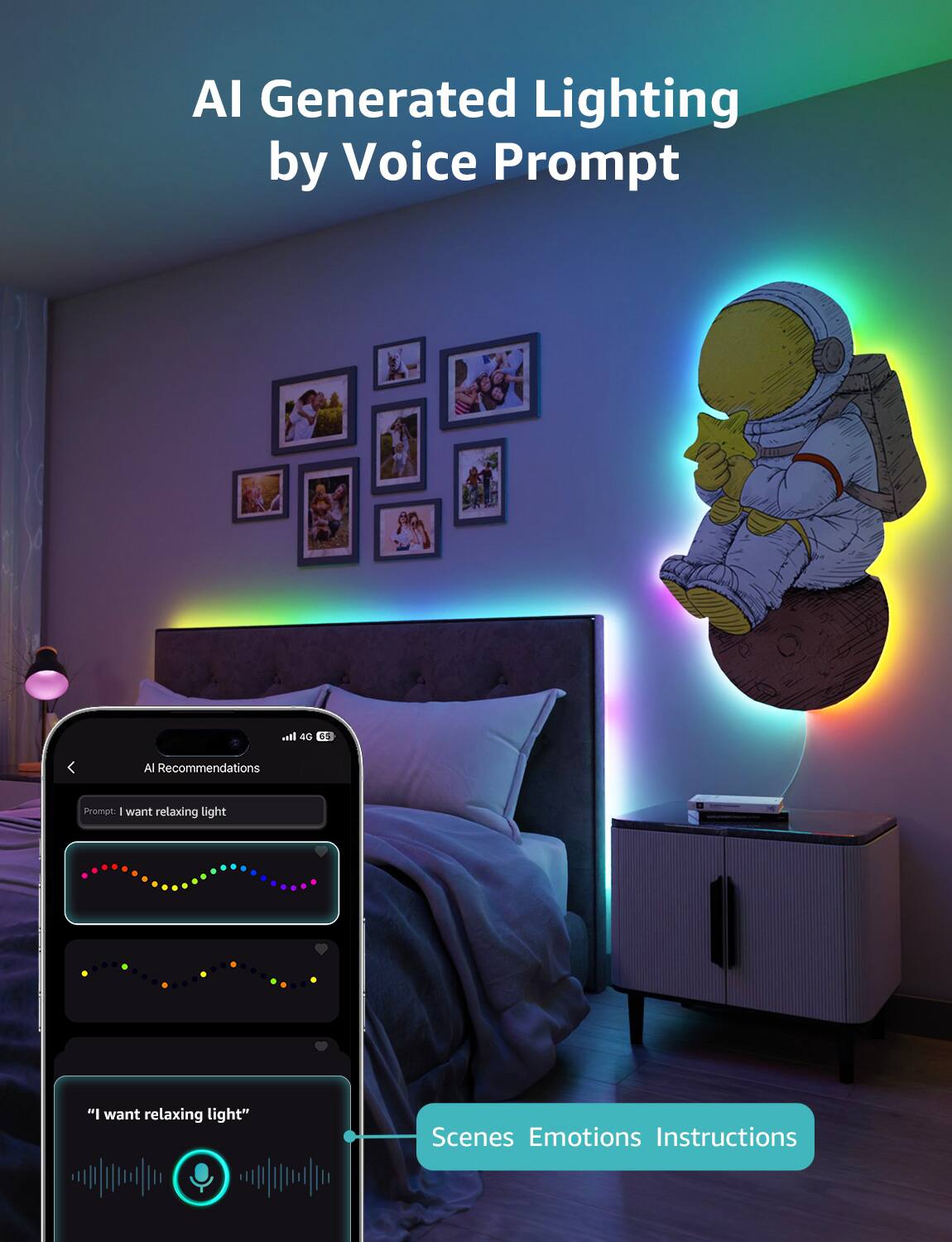 AI Generated Lighting by Voice Prompt stl 40 Recommendations Promot I want relaxing light "I want relaxing light" Scenes Emotions Instructions