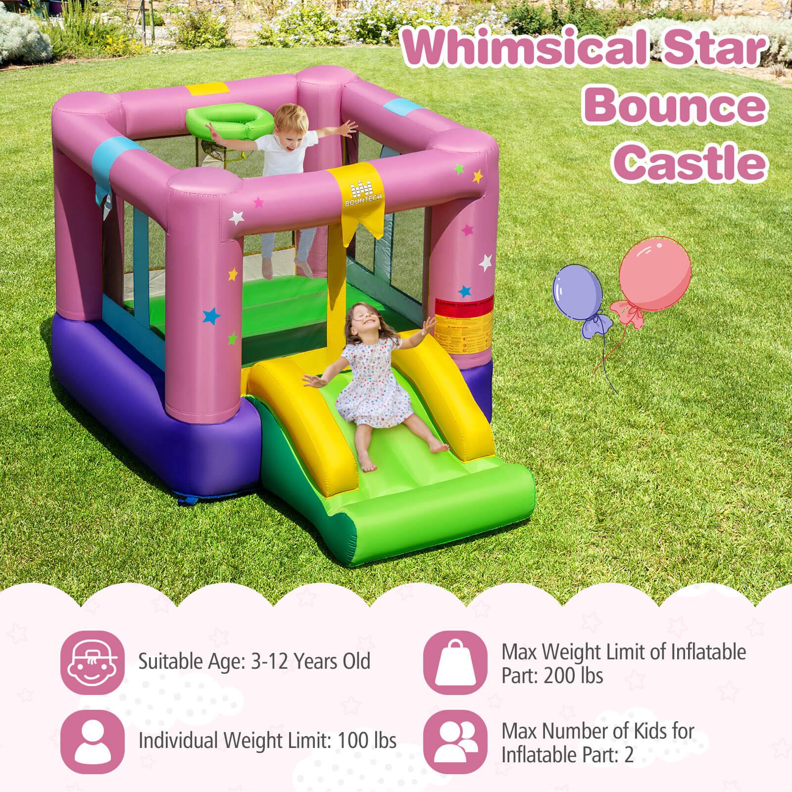 Whimsical Star Bounce Castle

BOUNTECH 1M

Suitable Age: 3-12 Years Old

Individual Weight Limit: 100 lbs

Max Weight Limit of Inflatable Part: 200 lbs

Max Number of Kids for Inflatable Part: 2