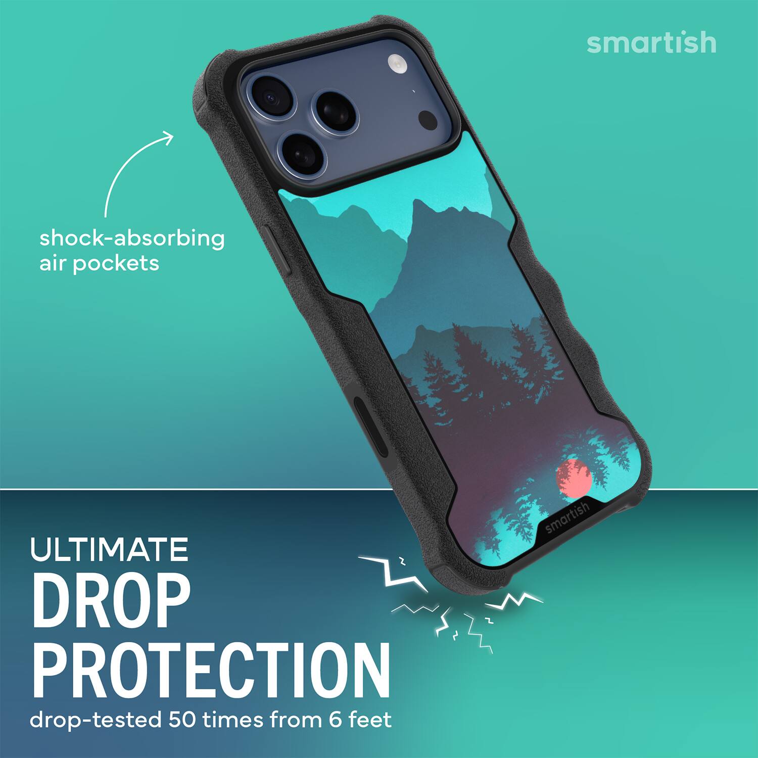 smartish shock-absorbing air pockets ULTIMATE DROP PROTECTION drop-tested 50 times from 6 feet smartish