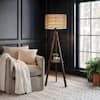 Front. Malletson - Modern Tripod Floor Lamp with Natural Rattan Shade and Built-in Shelf - Brown.