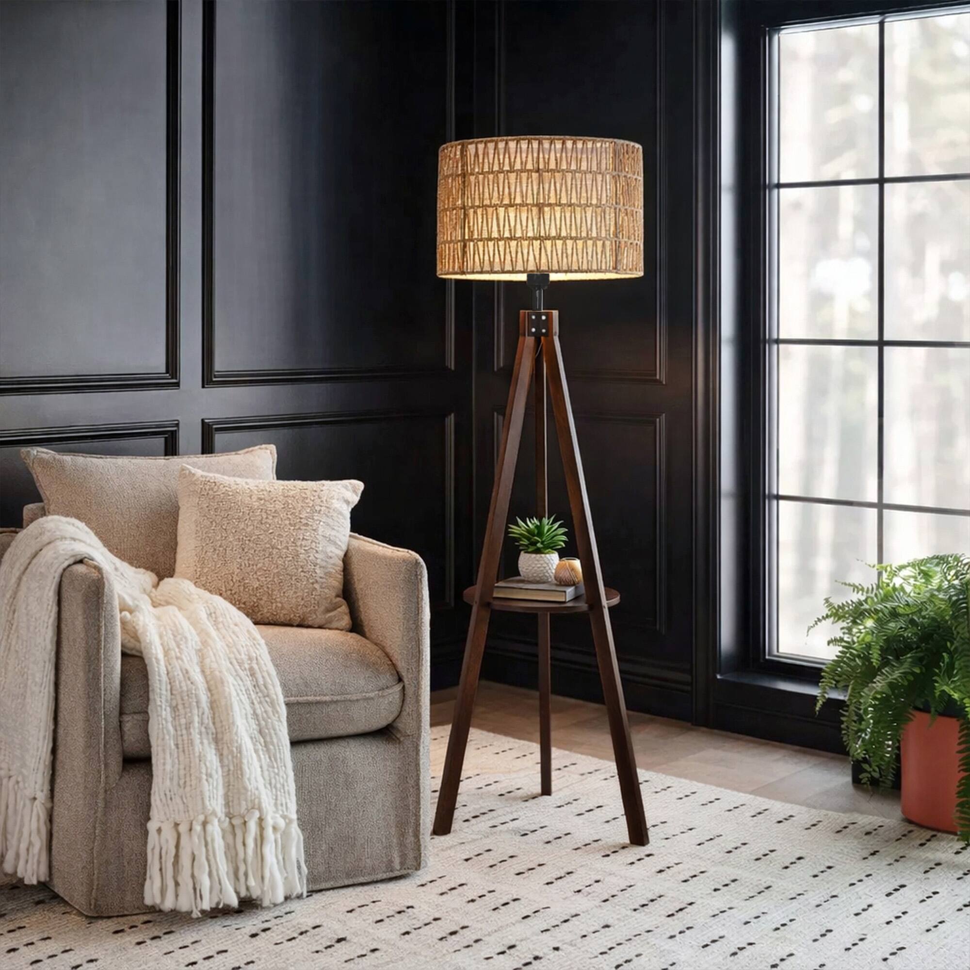 Alt View 2. Malletson - Modern Tripod Floor Lamp with Natural Rattan Shade and Built-in Shelf - Brown.