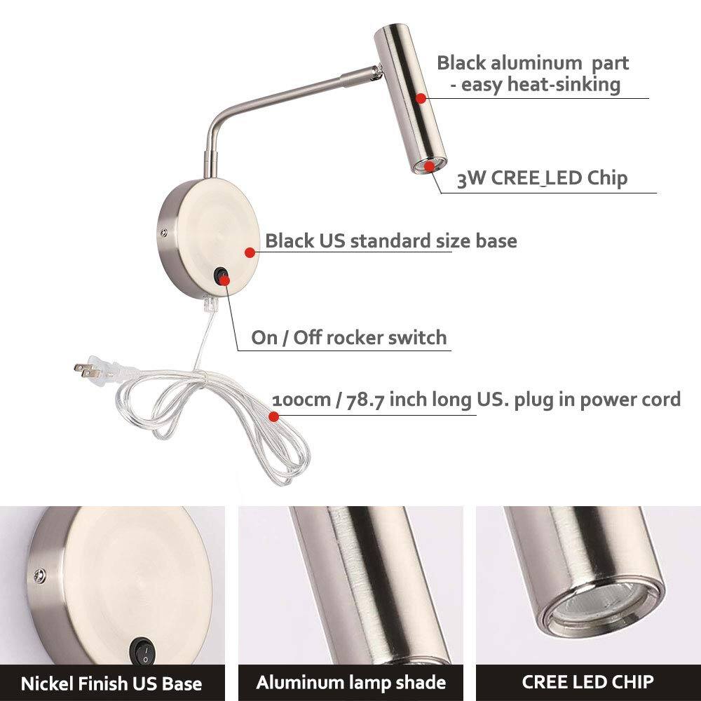 - Black aluminum part - easy heat-sinking
- 3W CREE LED Chip
- Black US standard size base
- On / Off rocker switch
- 100cm / 78.7 inch long US. plug in power cord
- Nickel Finish US Base
- Aluminum lamp shade
- CREE LED CHIP