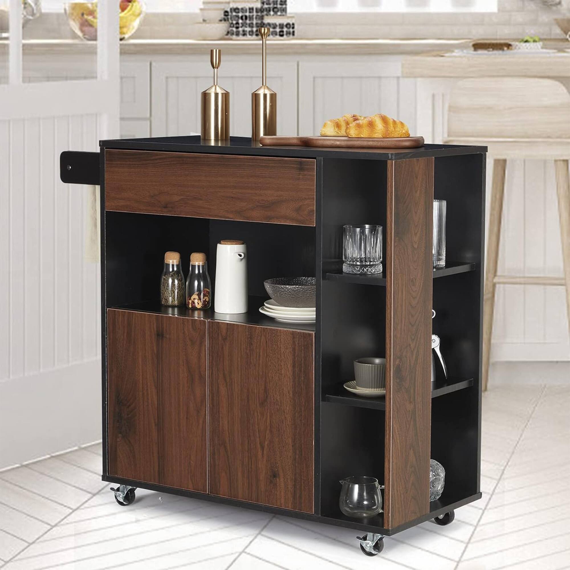 Alt View 5. JOMEED - JOMEED Home Kitchen Island Rolling Cart with Storage Drawers and Towel Rack - Black, Brown.