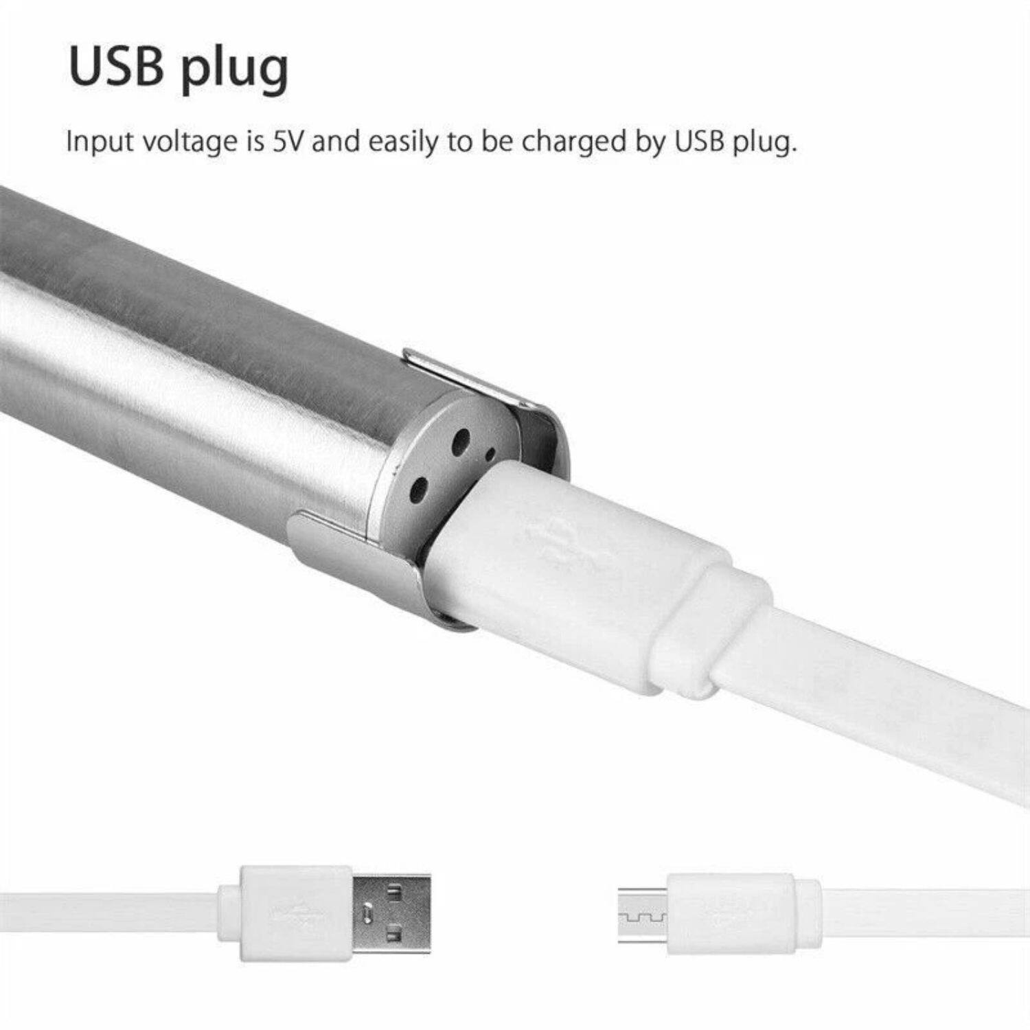 USB plug  
Input voltage is 5V and easily to be charged by USB plug.
