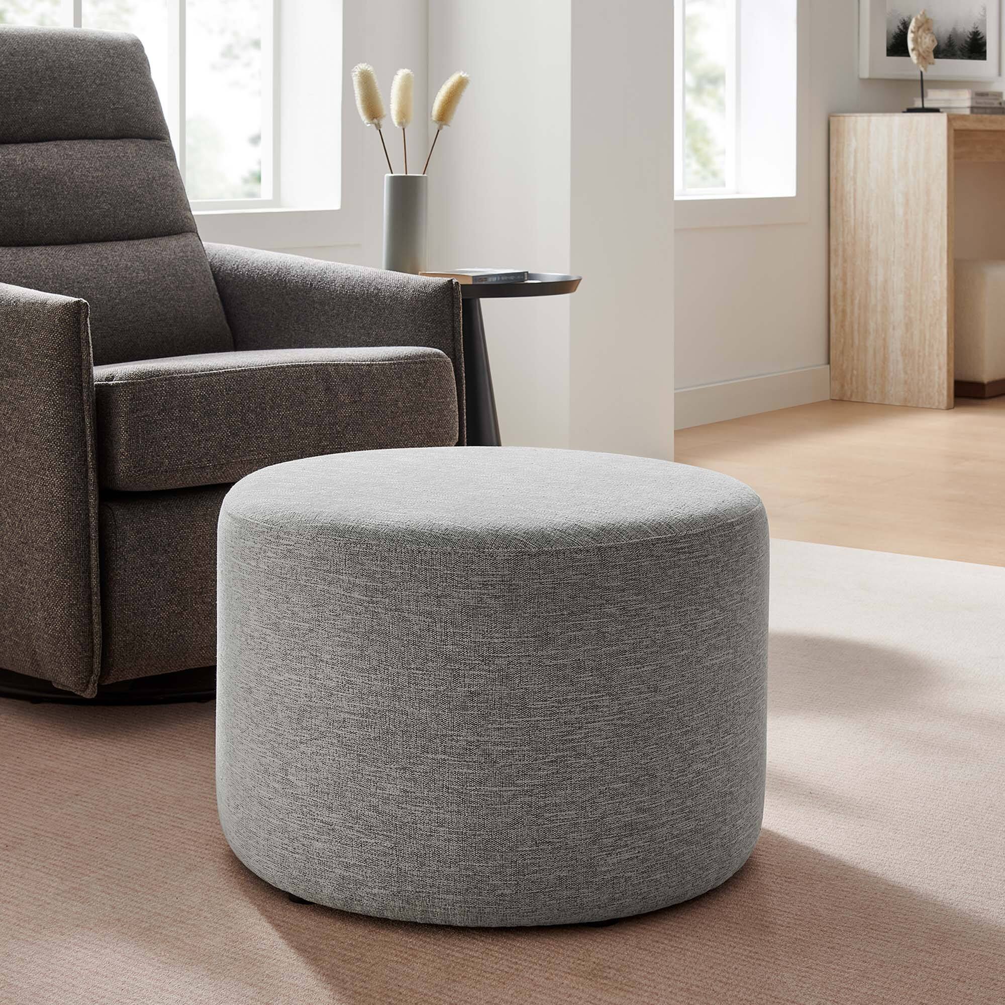Alt View 1. Modway - Callum Large 23" Round Woven Heathered Fabric Upholstered Ottoman by Modway - Heathered Weave Light Gray.