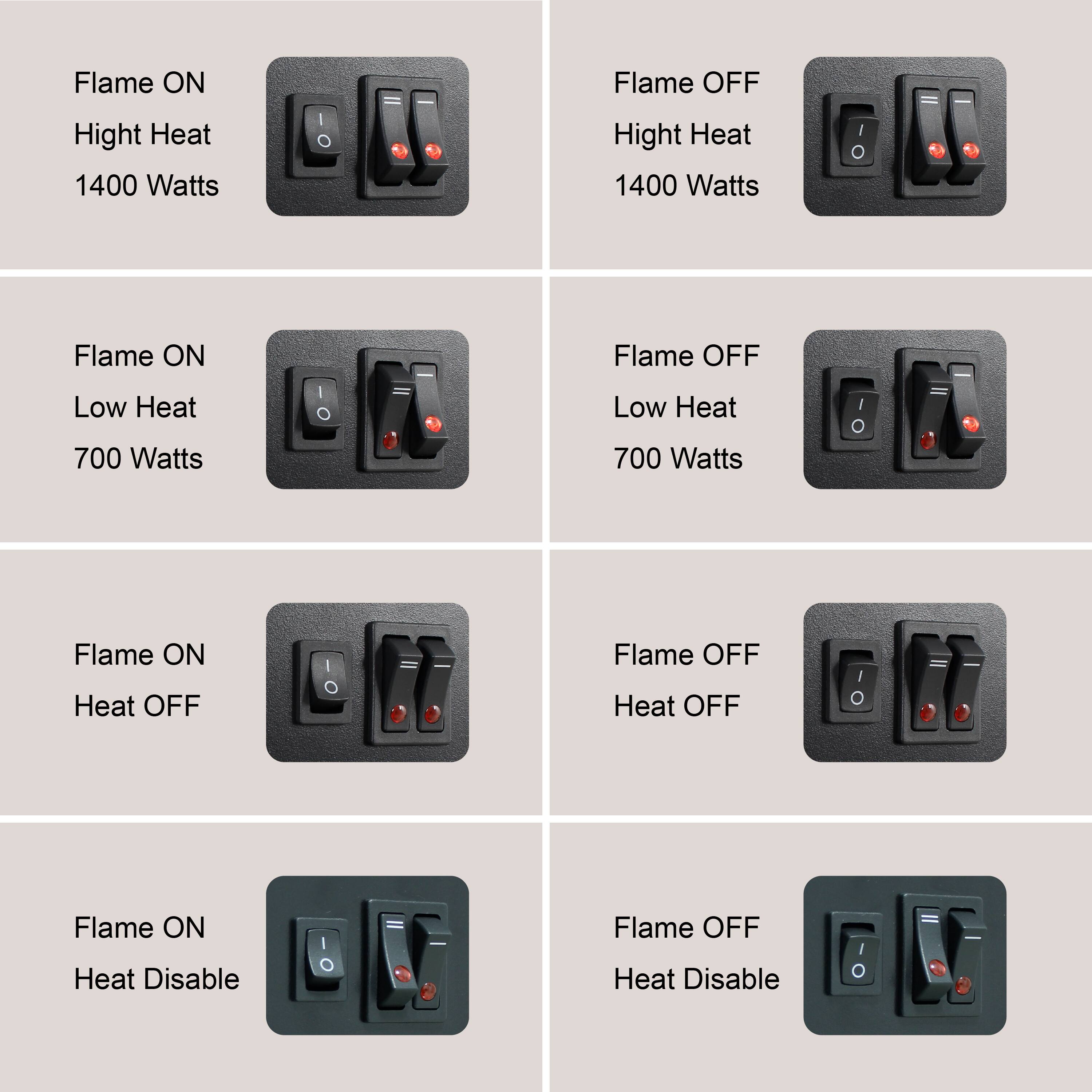 Flame ON  
High Heat  
1400 Watts  

Flame OFF  
High Heat  
1400 Watts  

Flame ON  
Low Heat  
700 Watts  

Flame OFF  
Low Heat  
700 Watts  

Flame ON  
Heat OFF  

Flame OFF  
Heat OFF  

Flame ON  
Heat Disable  

Flame OFF  
Heat Disable