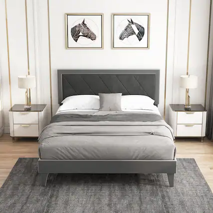Front. LUCKY ONE - Queen Assembled Platform Bed with High Velvet Headboard Wooden Slats 1763 lbs - Gray & Black-Queen.