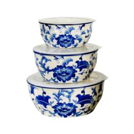 Euro Ceramica Home - Blue Garden Chinoiserie “Hold Everything” 3-Piece Round Stoneware Storage Bowls Set - Blue / White