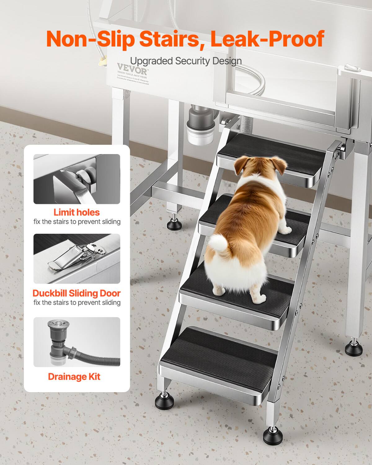 Non-Slip Stairs, Leak-Proof  
Upgraded Security Design  

Limit holes  
fix the stairs to prevent sliding  

Duckbill Sliding Door  
fix the stairs to prevent sliding  

Drainage Kit