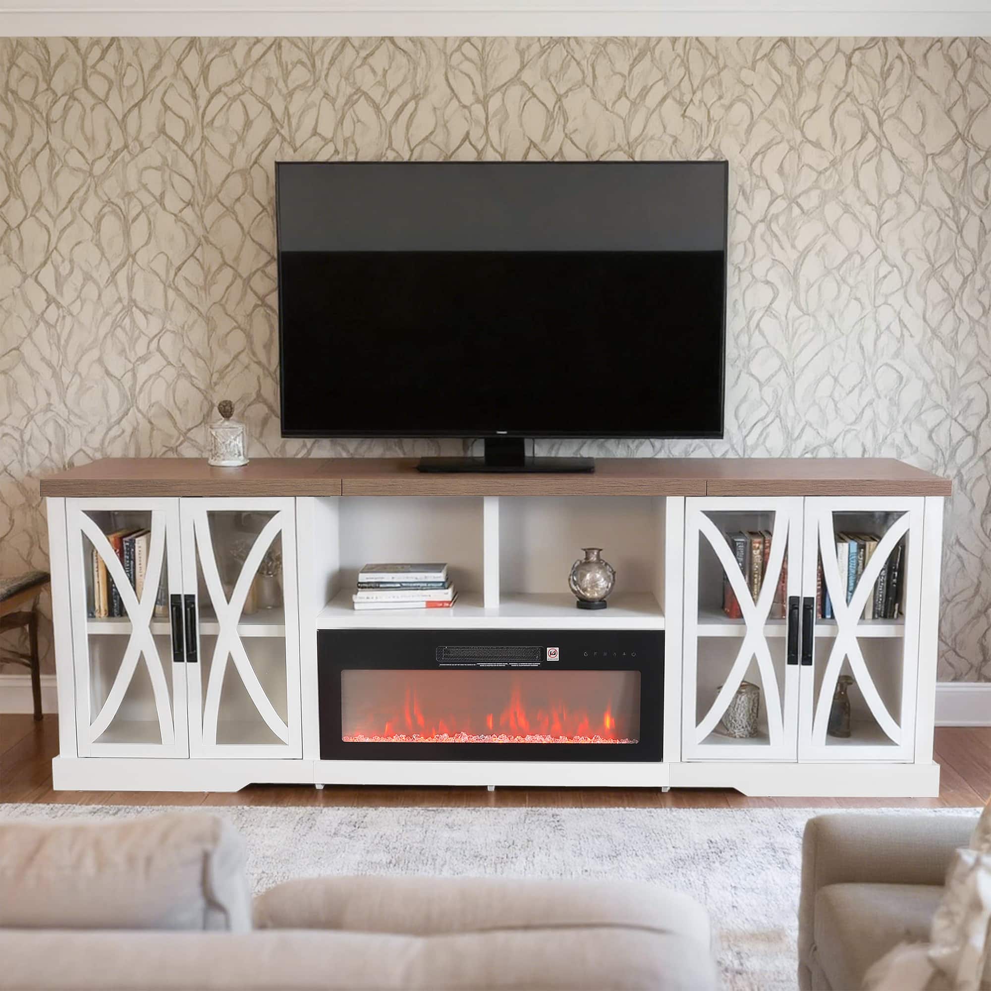 Parrot Uncle - 93" Farmhouse White Electric Fireplace TV Stand Entertainment Center with Storage Shelves and Cabinets for TV up to 85" - White and Gray