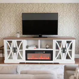 Parrot Uncle - 93" Farmhouse White Electric Fireplace TV Stand Entertainment Center with Storage Shelves and Cabinets for TV up to 85" - White and Gray