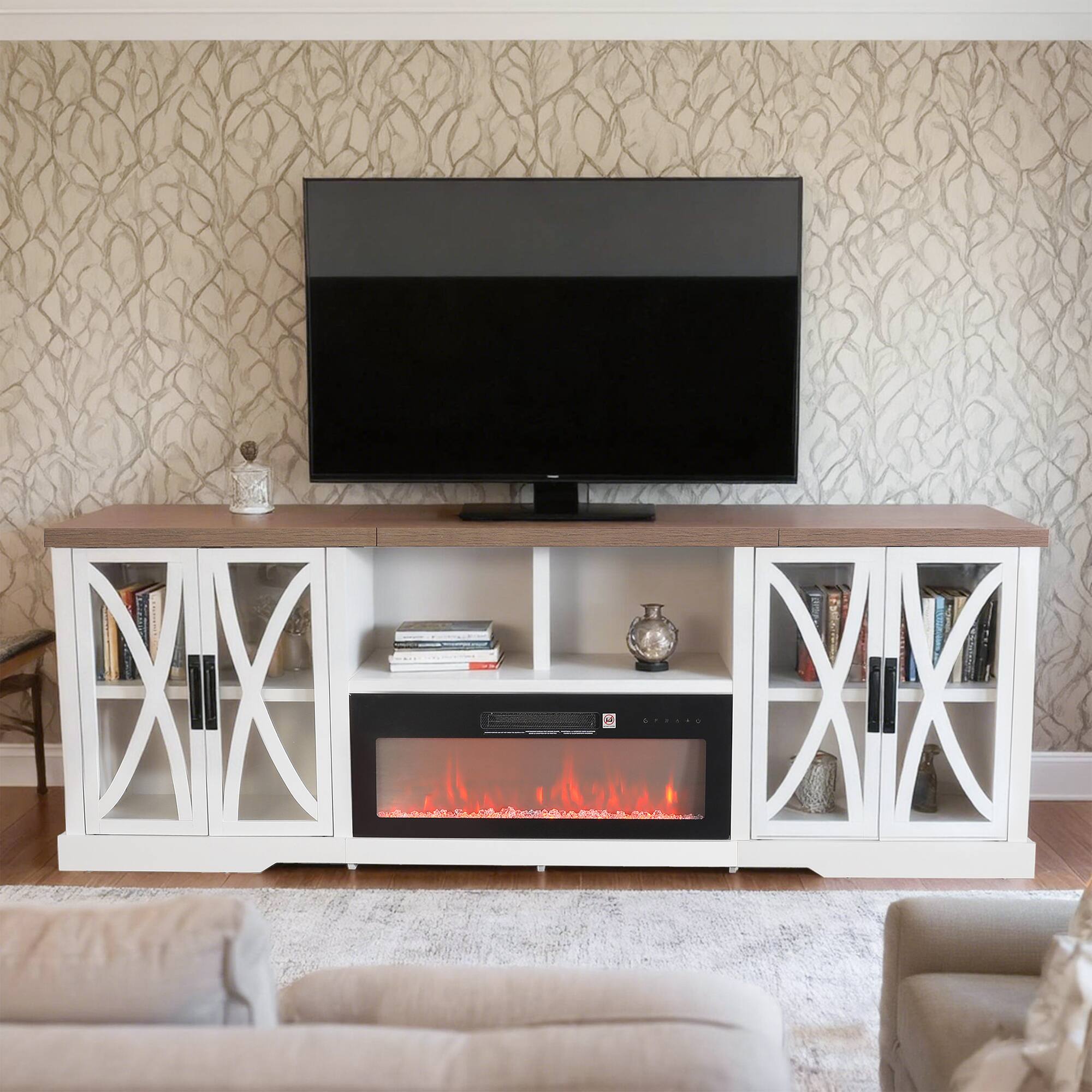 Left. Parrot Uncle - 93" Farmhouse White Electric Fireplace TV Stand Entertainment Center with Storage Shelves and Cabinets for TV up to 85" - White and Gray.