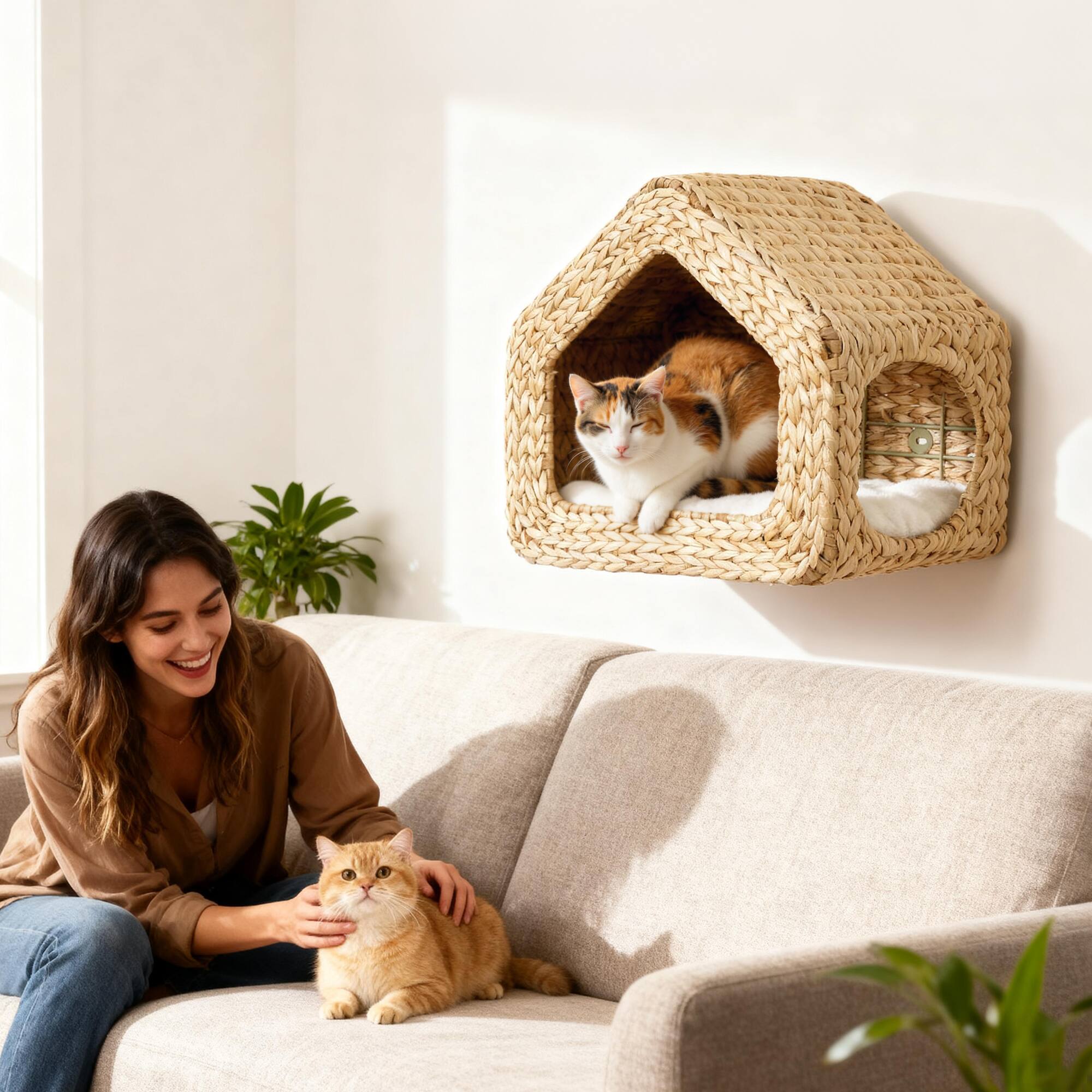 Angle. Pawhut - Wall Mounted Cat House, Cat Wall Condo Furniture with Washable Cushion, Kitty Shelf Bed for Indoor Cats Kittens - Natural Wood.