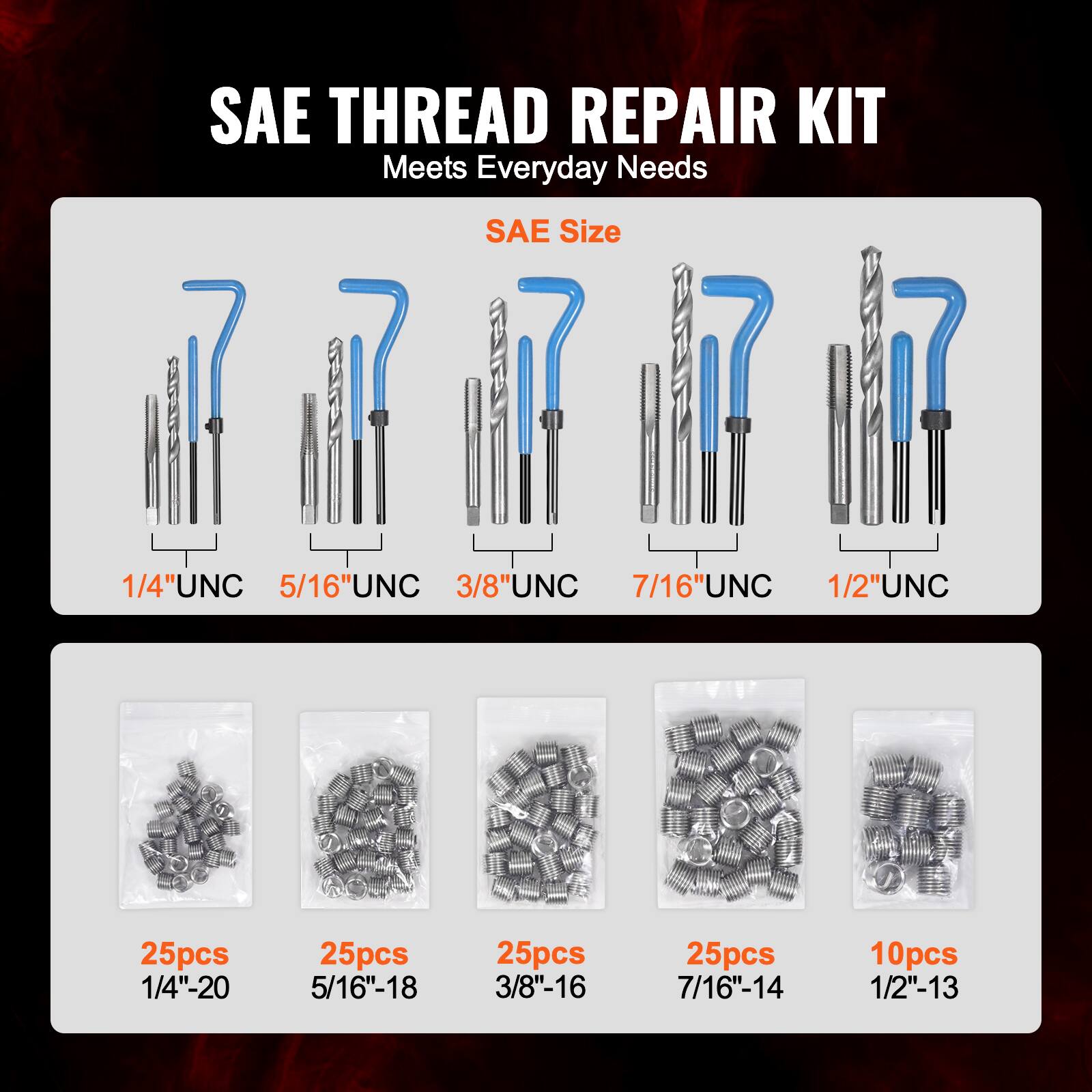 SAE THREAD REPAIR KIT  
Meets Everyday Needs  

SAE Size  
1/4"UNC  
5/16"UNC  
3/8"UNC  
7/16"UNC  
1/2"UNC  

25pcs 1/4"-20  
25pcs 5/16"-18  
25pcs 3/8"-16  
25pcs 7/16"-14  
10pcs 1/2"-13