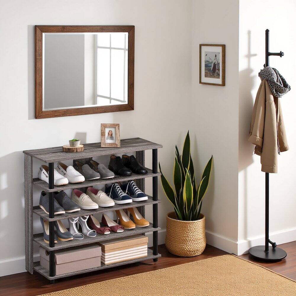 Angle. FurniFact - Grey Wooden 5-Tier Shoe Rack Organizer for Entryway and Home Storage - French Oak Grey.