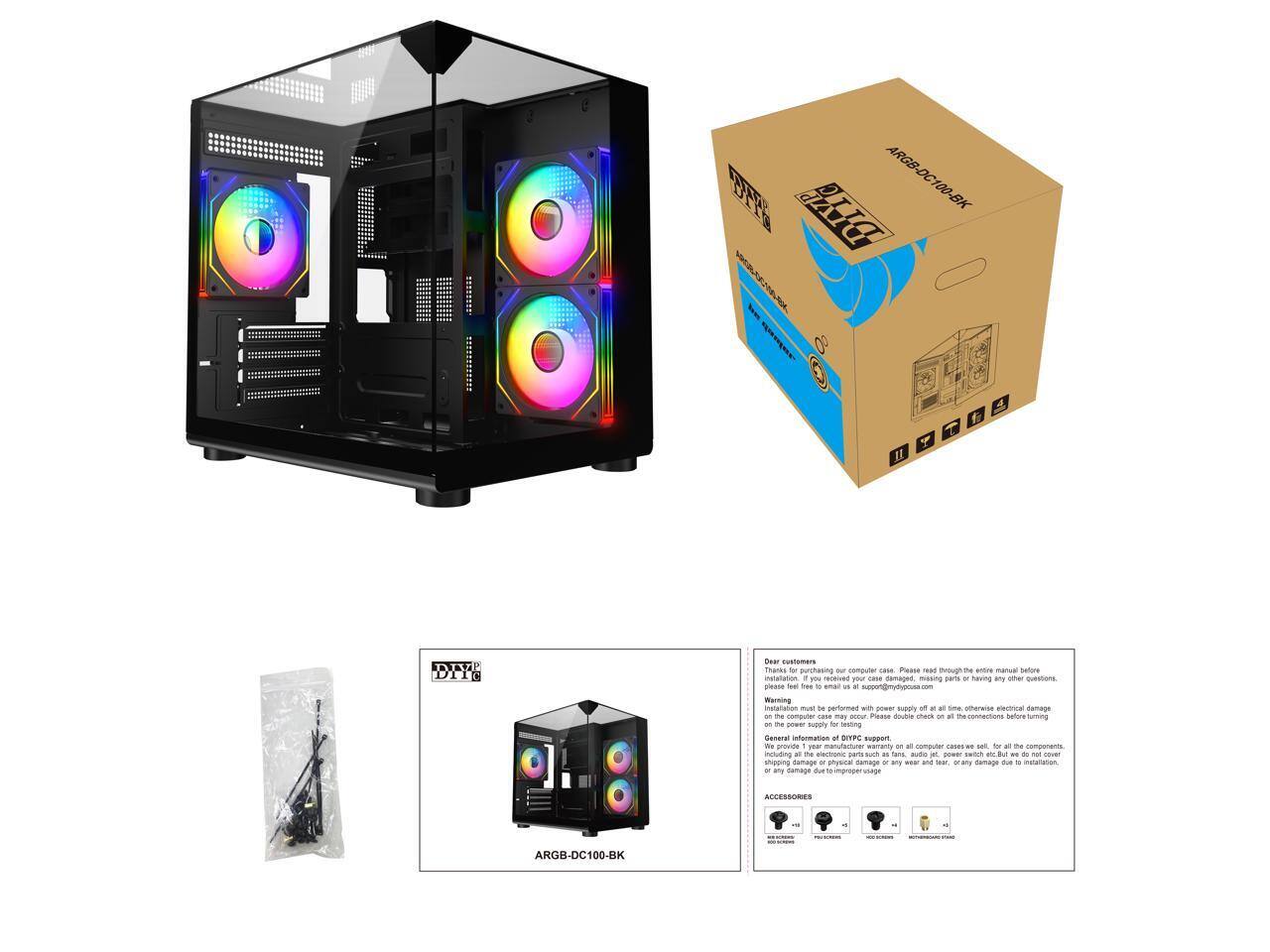 Sure, here is the corrected and grouped text from the image:

---

**ARGB-DC100-BK**

**Dear customers,**

**Installation:** Please read through the instruction manual before installation. If you receive your case damaged, missing parts or having any other questions, please feel free to email us at support@myypc.com.

**Installation must be performed with the power supply for desktop computers.** We provide your case, missing parts or having any other questions, please feel free to email us at support@myypc.com.

**General Information of DIYPC support:** We provide your case, missing parts or having any other questions, please feel free to email us at support@myypc.com.

**Please double check on all the connections before turning on the power supply for all time, otherwise electrical damage may occur.** We provide your case, missing parts or having any other questions, please feel free to email us at support@myypc.com.

**Please double check on all the connections before turning on the power supply for all time, otherwise electrical damage may occur.** We provide your case, missing parts or having any other questions, please feel free to email us at support@myypc.com.

**Please double check on