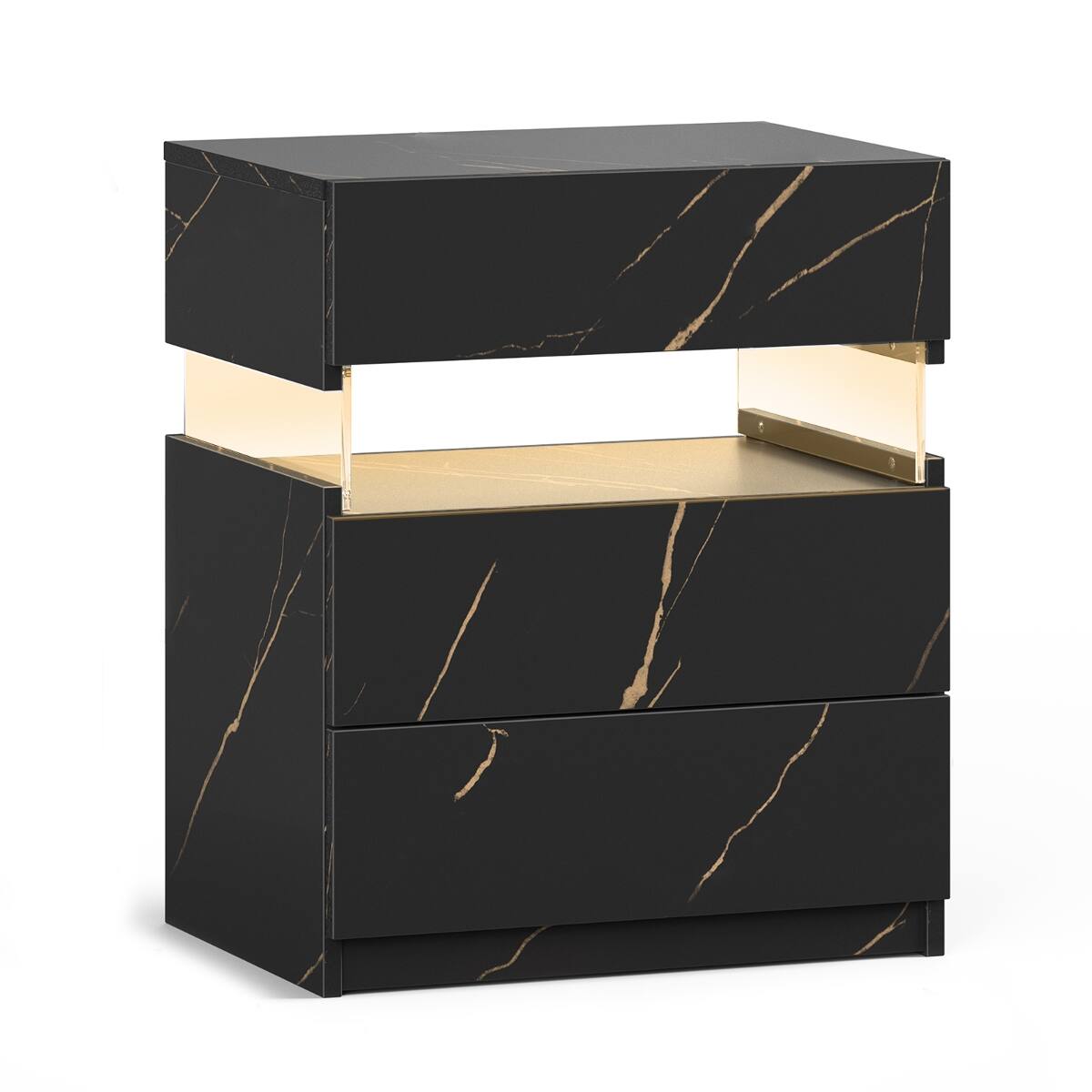 Alt View 4. Loheer - Loheer 3 Drawer LED Nightstand, Black and Gold Acrylic Panel Bedside Table - Black and Gold.