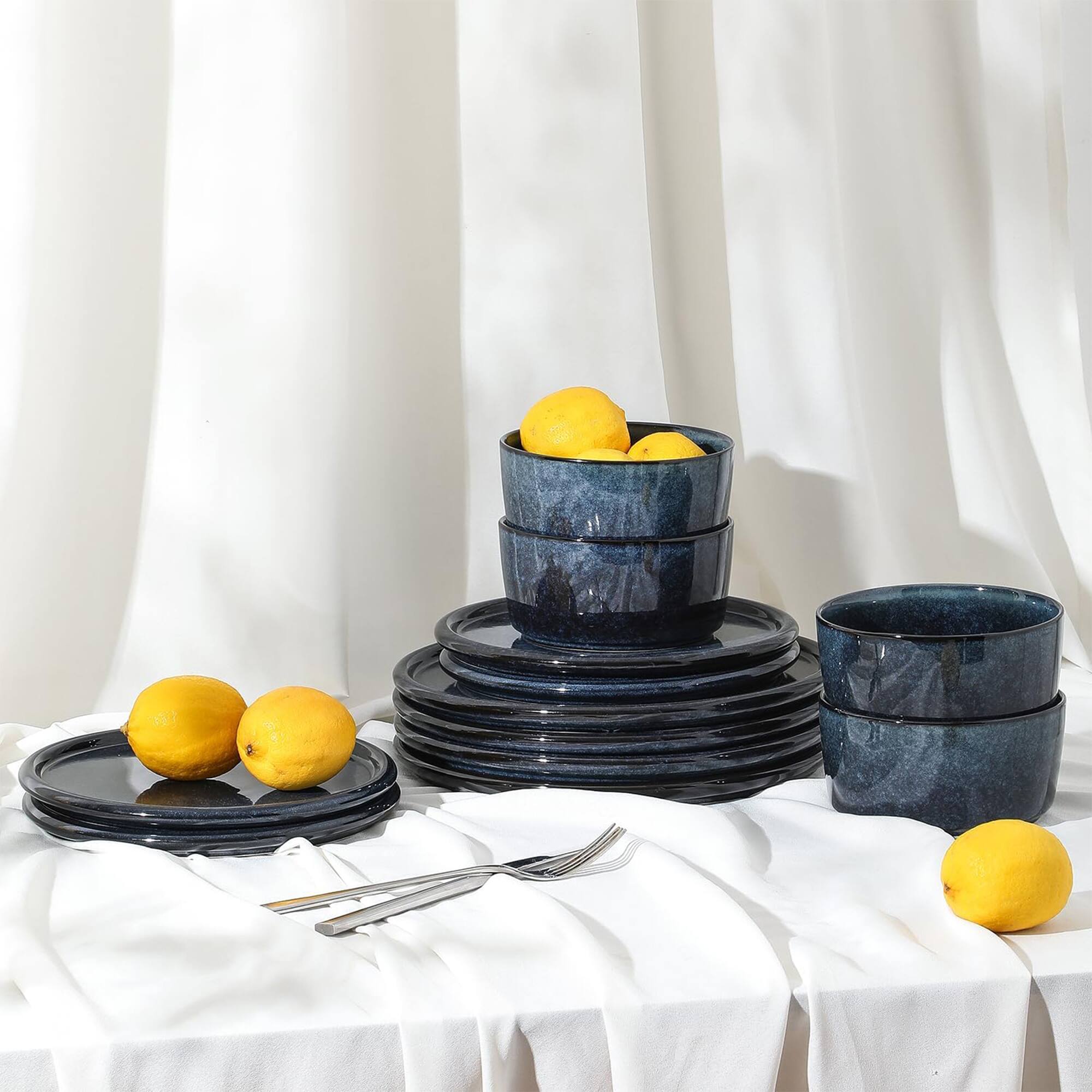Stone Lain - 12 Piece Modern Stoneware Dinnerware Set Plates, Bowls - Dark Blue - Thumbnail 3